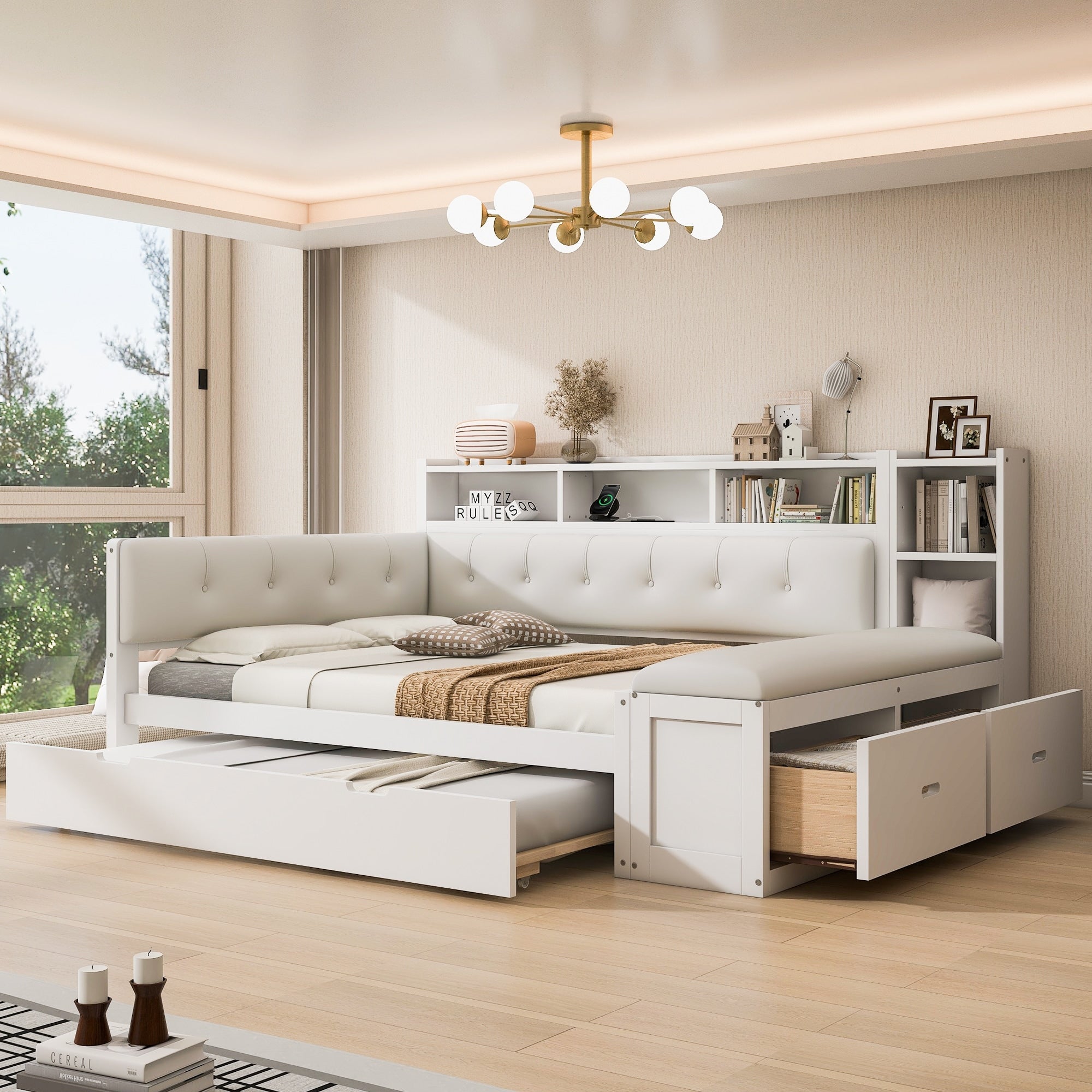 Roomfitters Full Wood Daybed With Trundle Storage Shelves And Side Bench