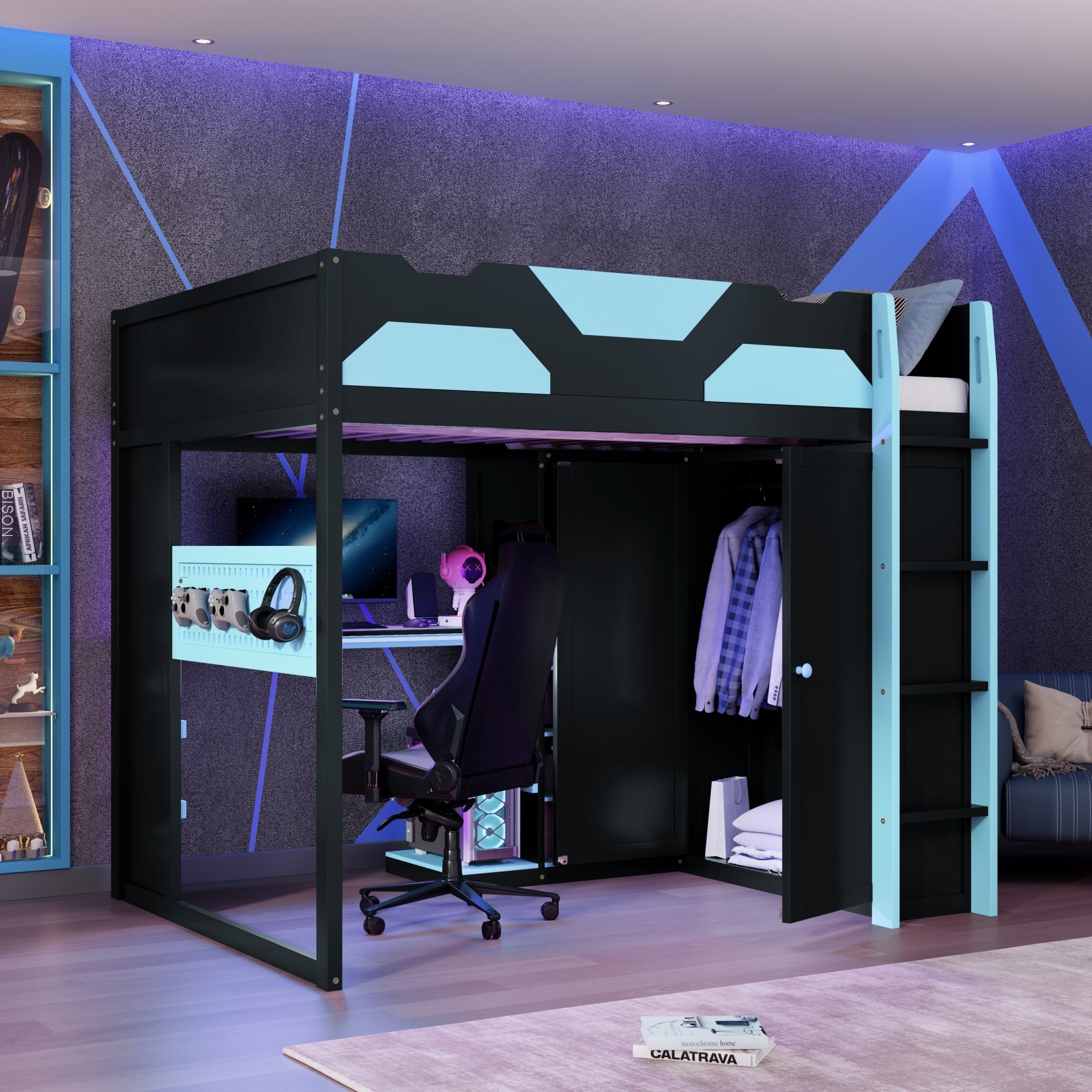 Roomfitters Full Wood Gaming Loft Bed Adjustable Desk Double Door Wardrobe Rgb Leds Bed Frame Usbs Set