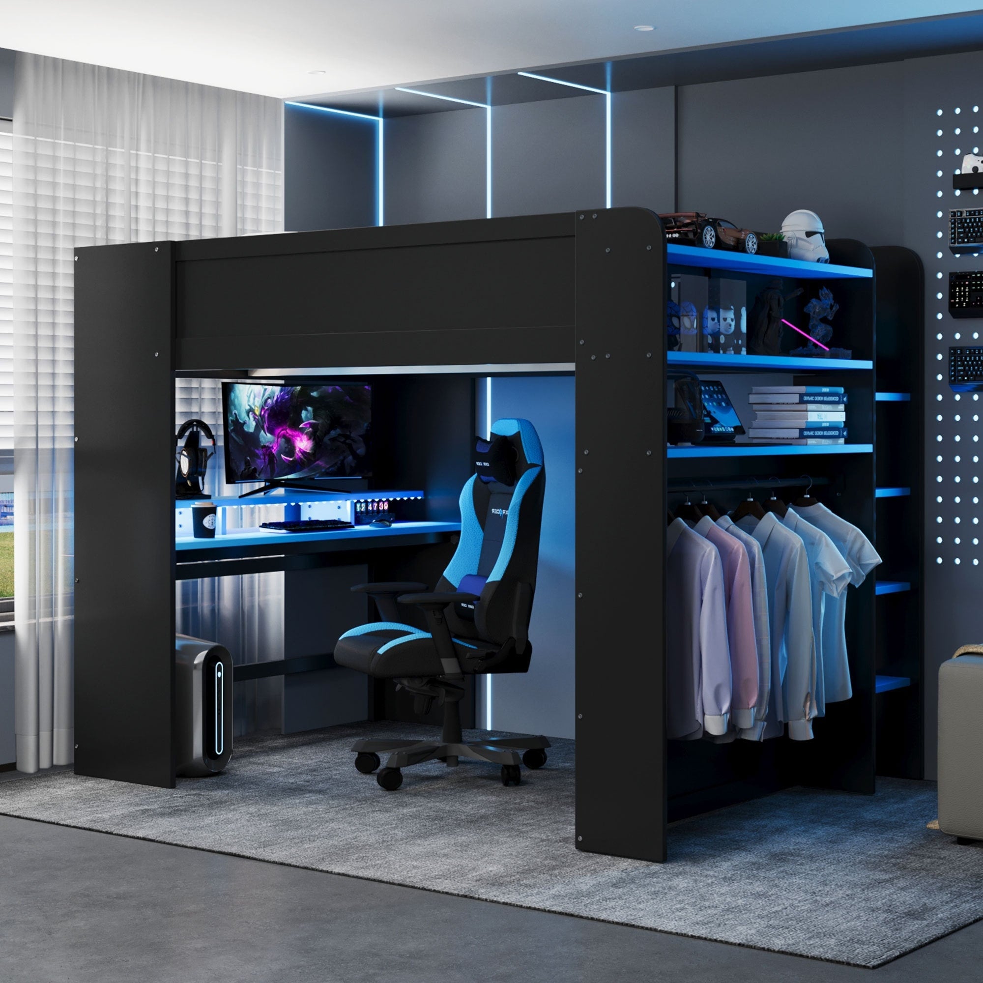 Roomfitters Full Wood Gaming Loft Bed Adjustable Desk Wardrobe Rgb Led Frame Usb Port Tiered Shelving