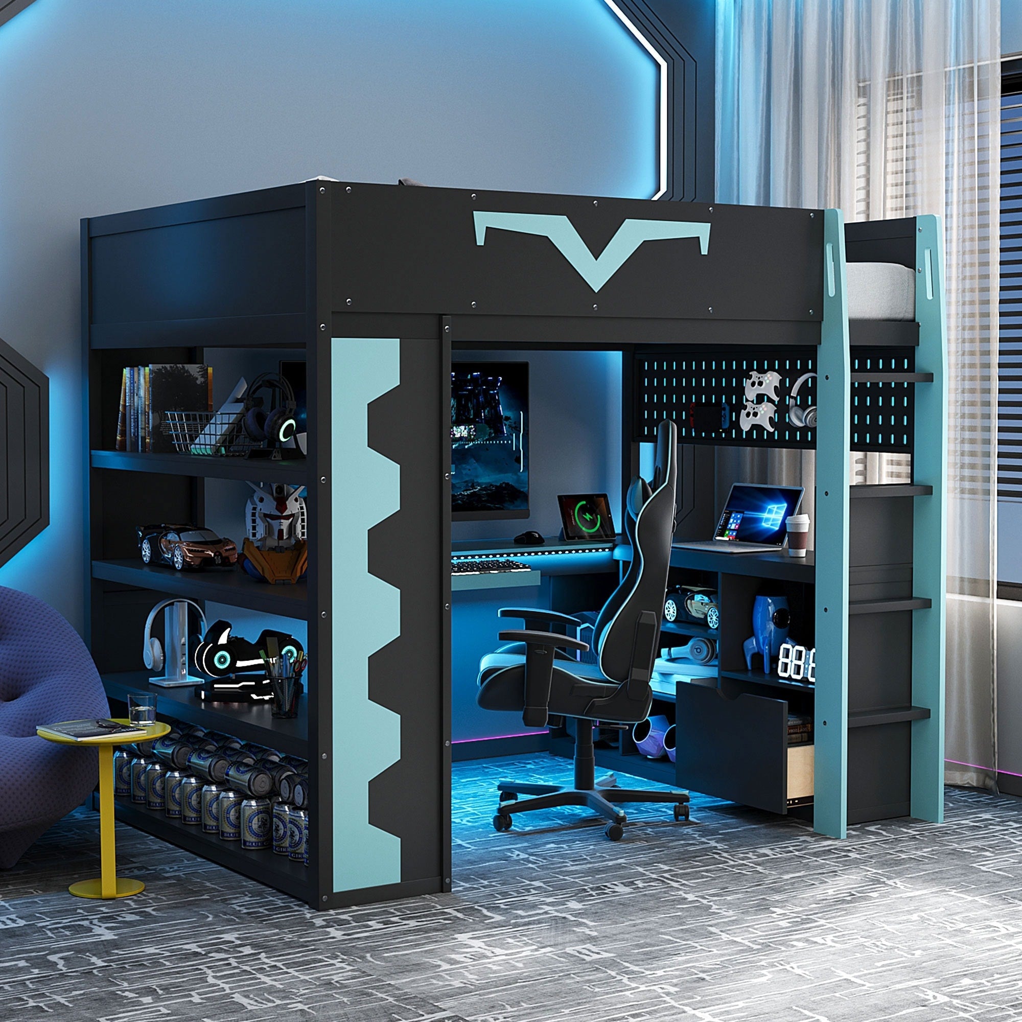 Roomfitters Full Wood Gaming Loft Bed L Shaped Desk Power Outlet Gamer Bed App Controlled Rgb Leds Shelves