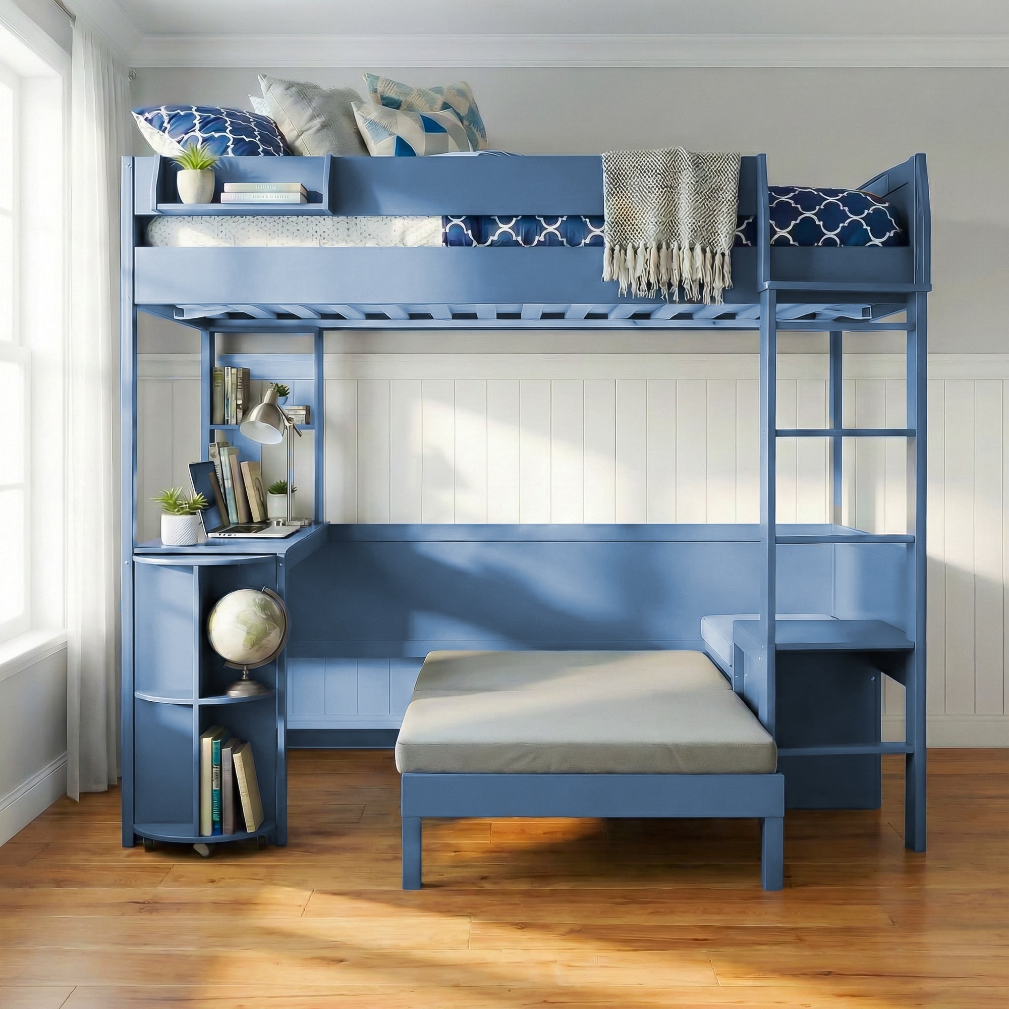 Roomfitters Full Wood Loft Bed Rotating L Shaped Desk Convertible Sofa Bed Frame 3 Tier Bookshelf Led Lights