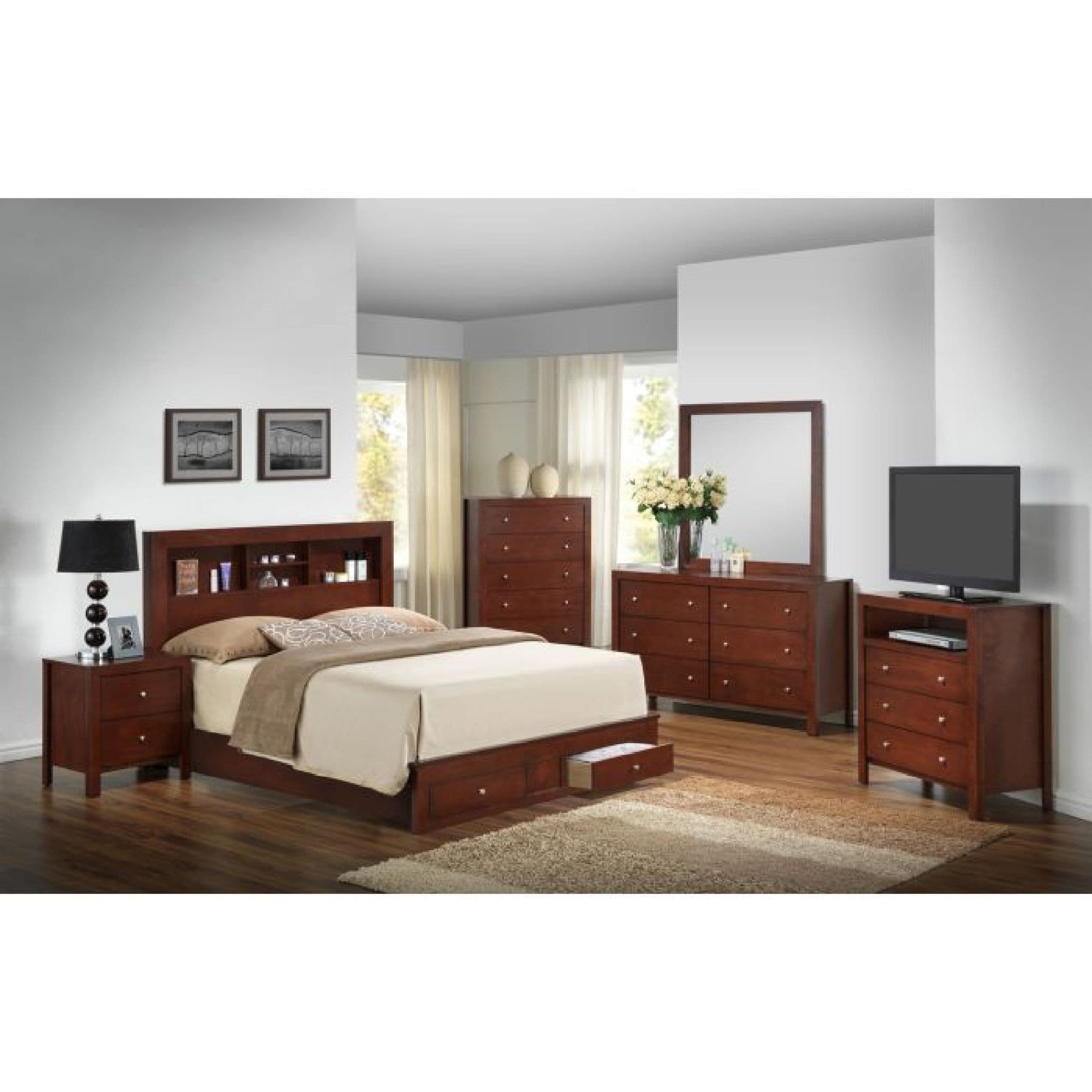 Roomfitters Full Wood Platform Storage Bed With Bookcase Headboard And Footboard Drawers No Box Spring Needed Cherry
