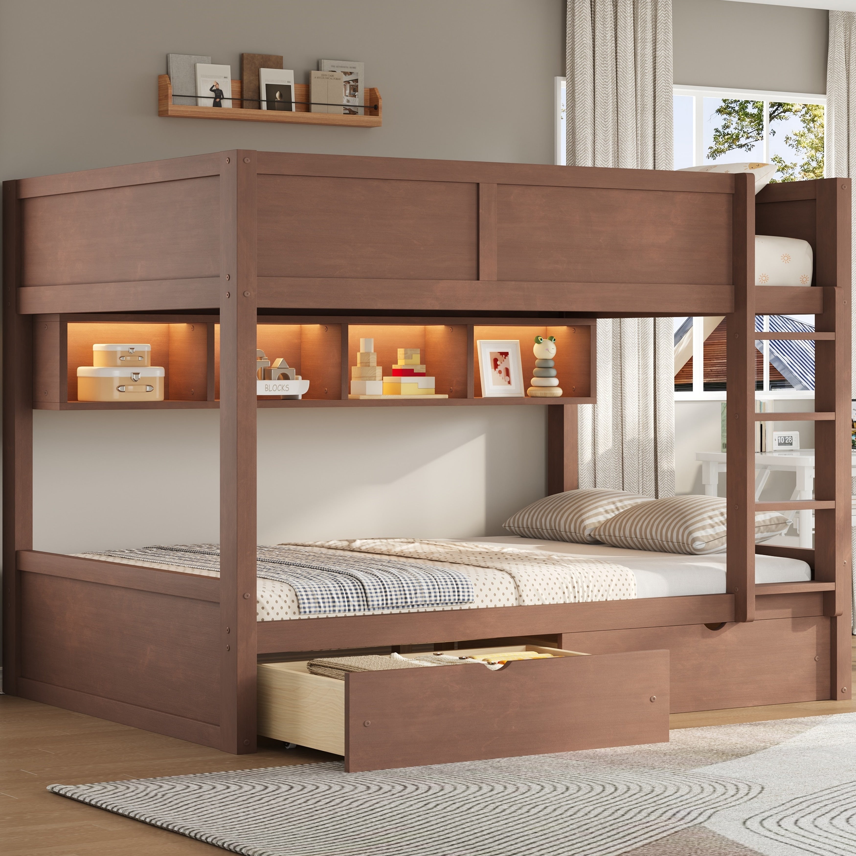 Roomfitters Full Xl Over Full Xl Bunk Bed With Storage Cabinets Led Light And Drawers