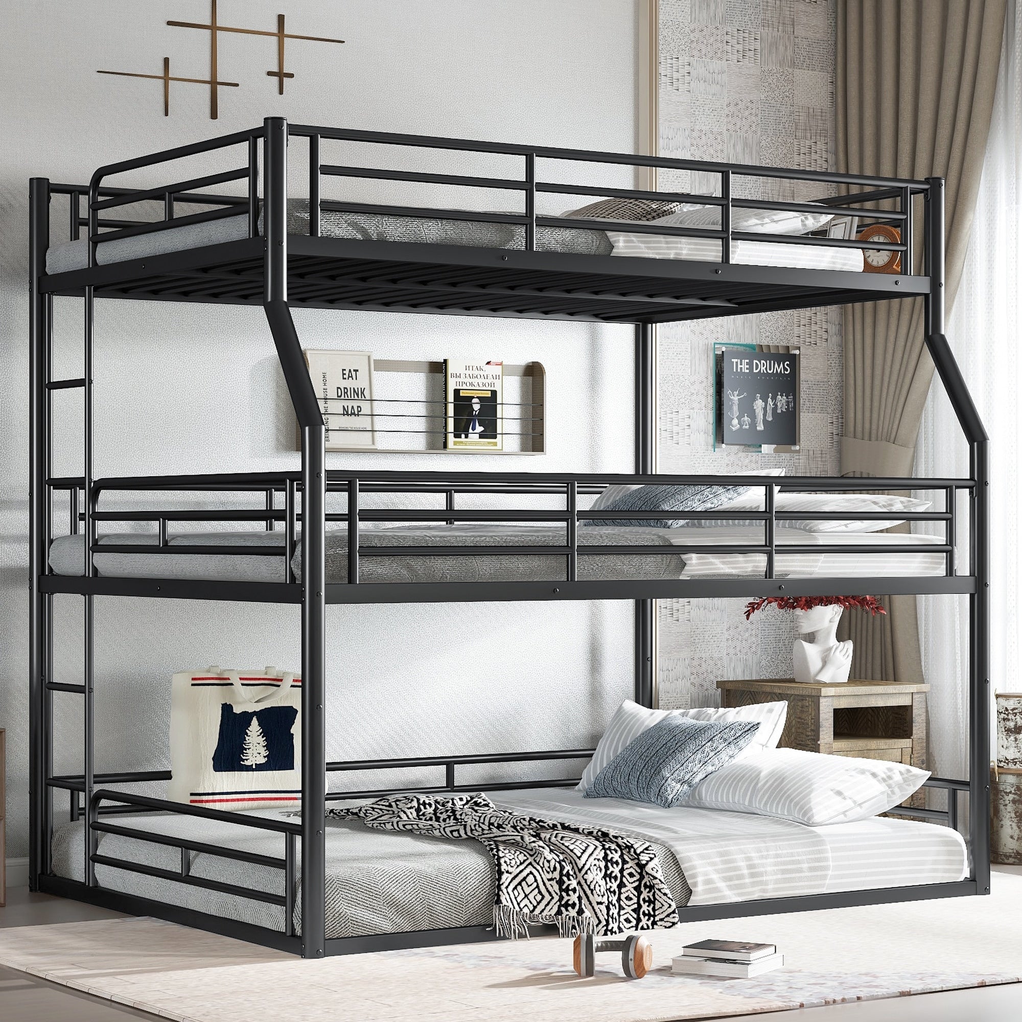 Roomfitters Full Xl Over Queen Over Queen Metal Triple Bunk Bed Guardrails Ladders Heavy Duty 3 Tier Bed Frame Set