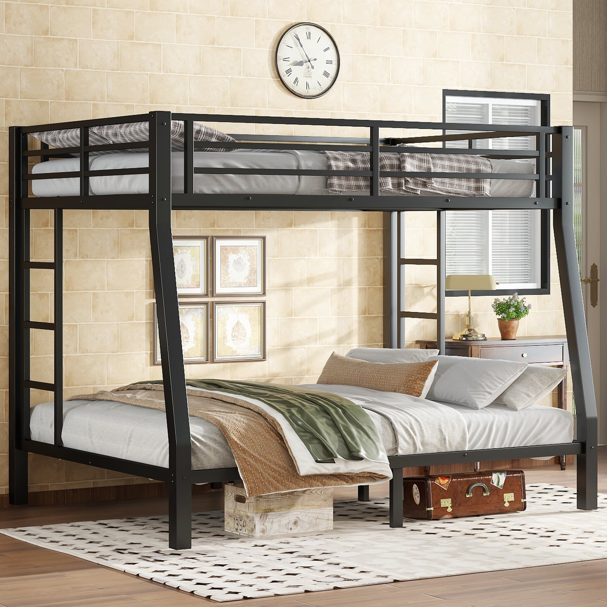 Roomfitters Full Xl Over Queen Metal Bunk Bed With Dual Ladders Heavy Duty Steel Frame Black
