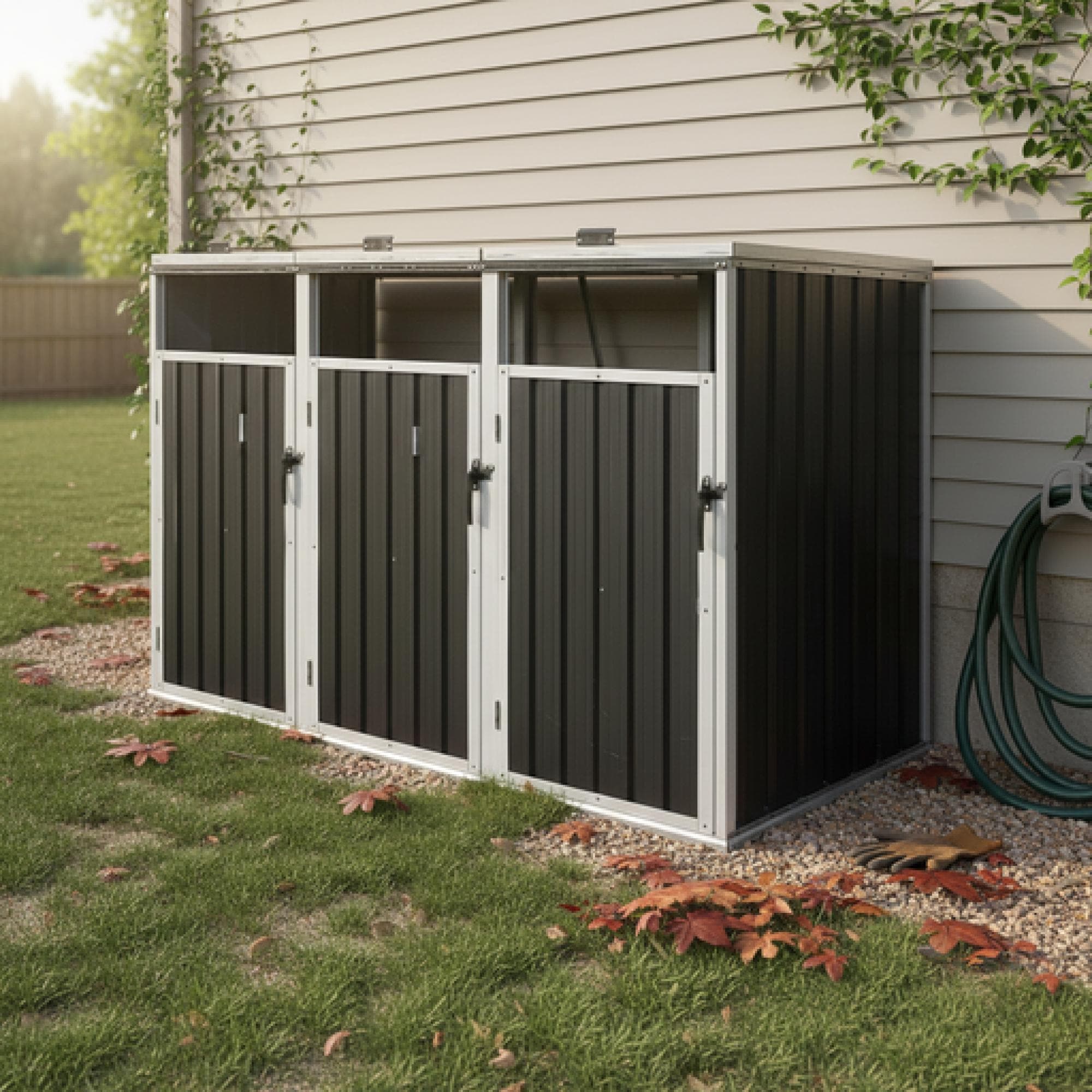 Roomfitters Garbage Bin Shed Stores 3 Trash Cans Outdoor Metal Wheelie Can Storage Hideaway Garden Utility Box Dark Grey