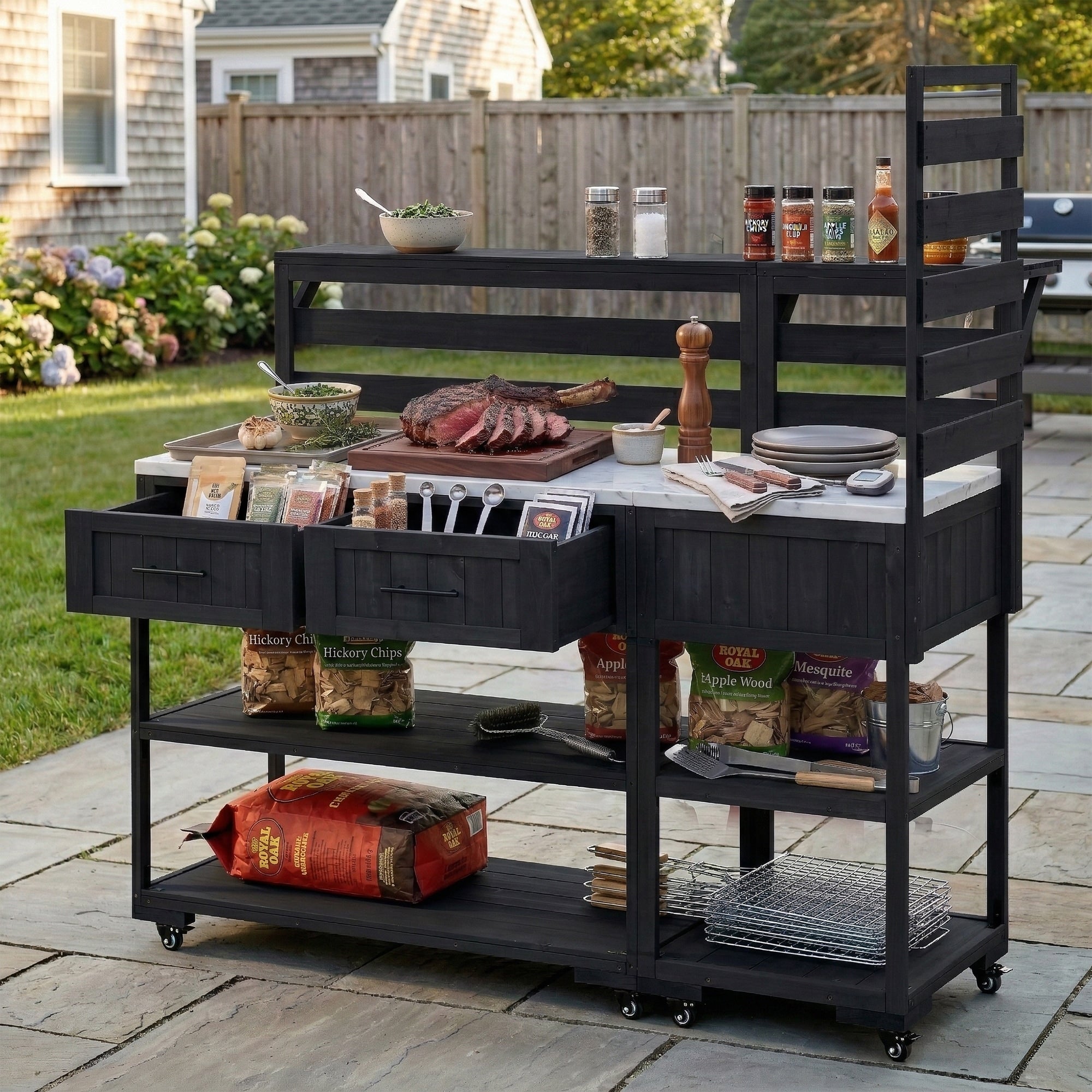 Roomfitters Garden Potting Bench With Wheels Extra Wide Outdoor Potting Table And Bbq Prep Station Storage Shelves