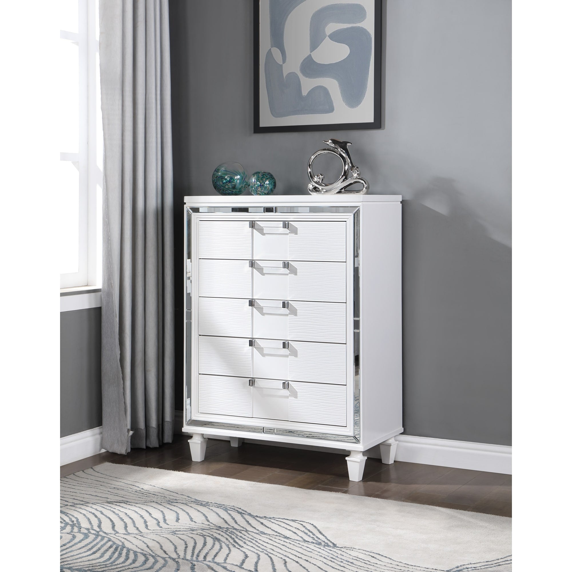 Roomfitters Genoa 5 Drawer Chest Sparkling White Mirror Trim Luxury Embossed Wood Modern Deco Acrylic Handles