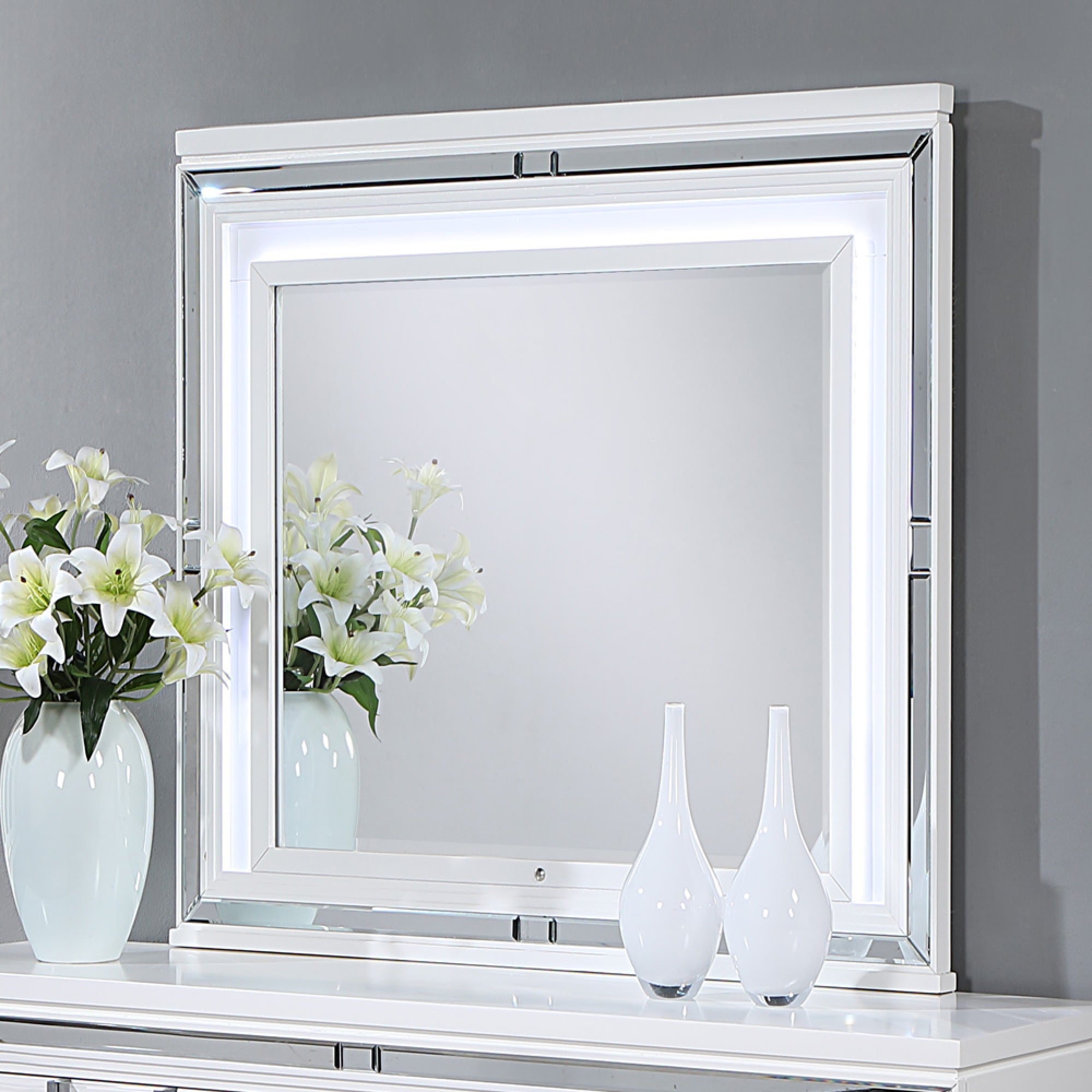 Roomfitters Genoa Sparkling White Led Dresser Mirror Deco Wall Mirror With Mirror Trim Modern High Clarity Vanity