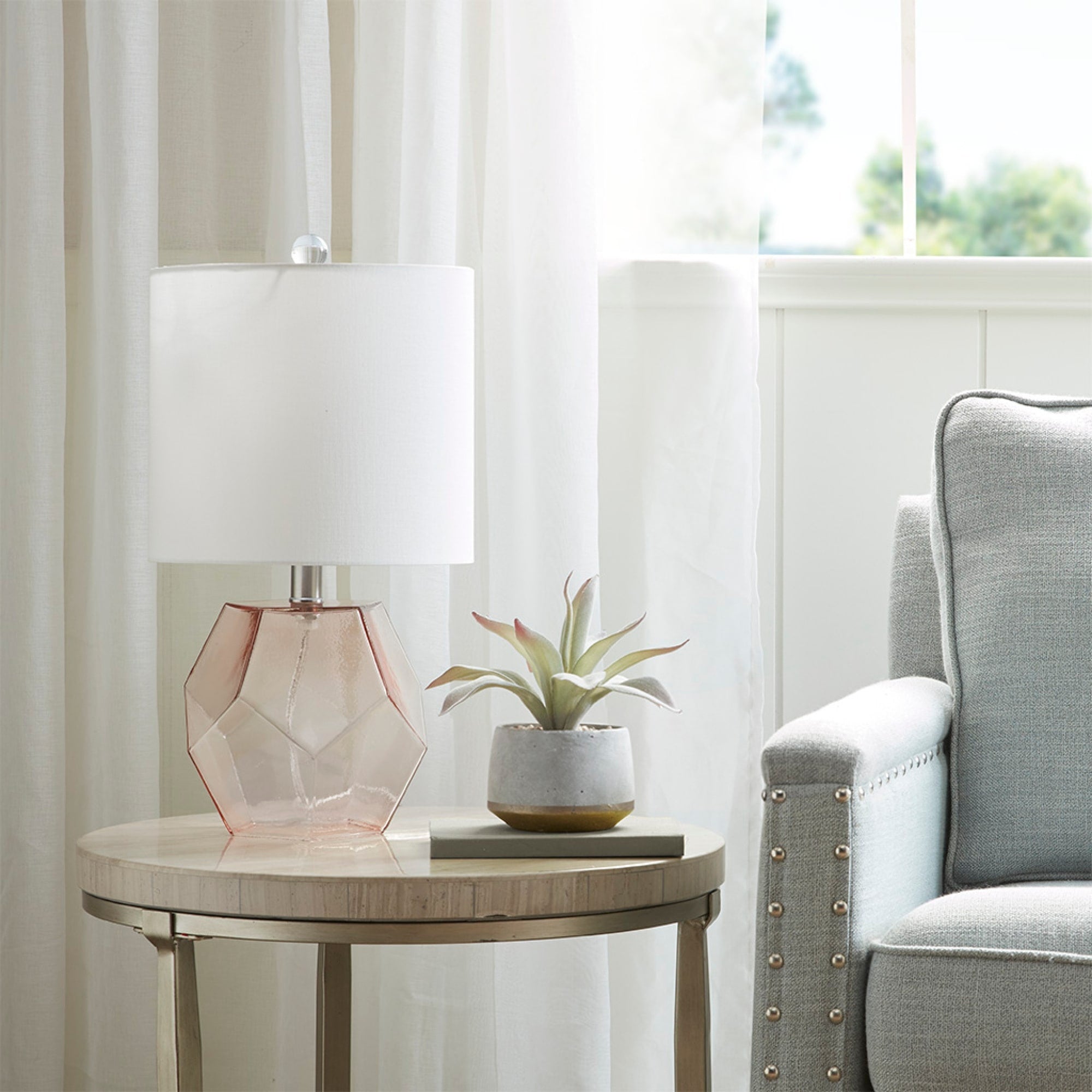 Roomfitters Geometric Glass Table Lamp Modern Pink Faceted Bedside Light With White Drum Shade