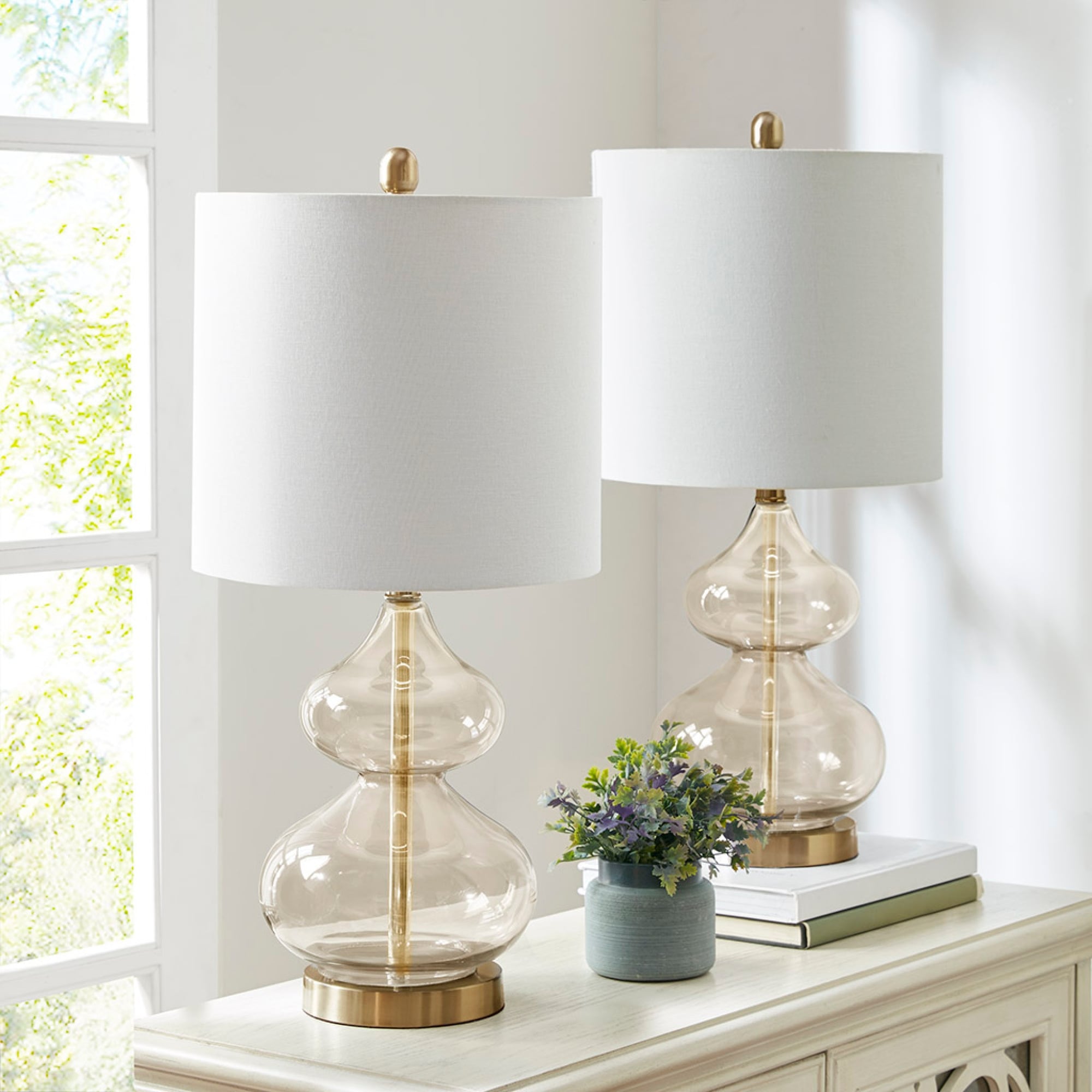 Roomfitters Glass Double Gourd Table Lamps Set Of 2 With White Cotton Drum Shade And Brushed Gold Accents