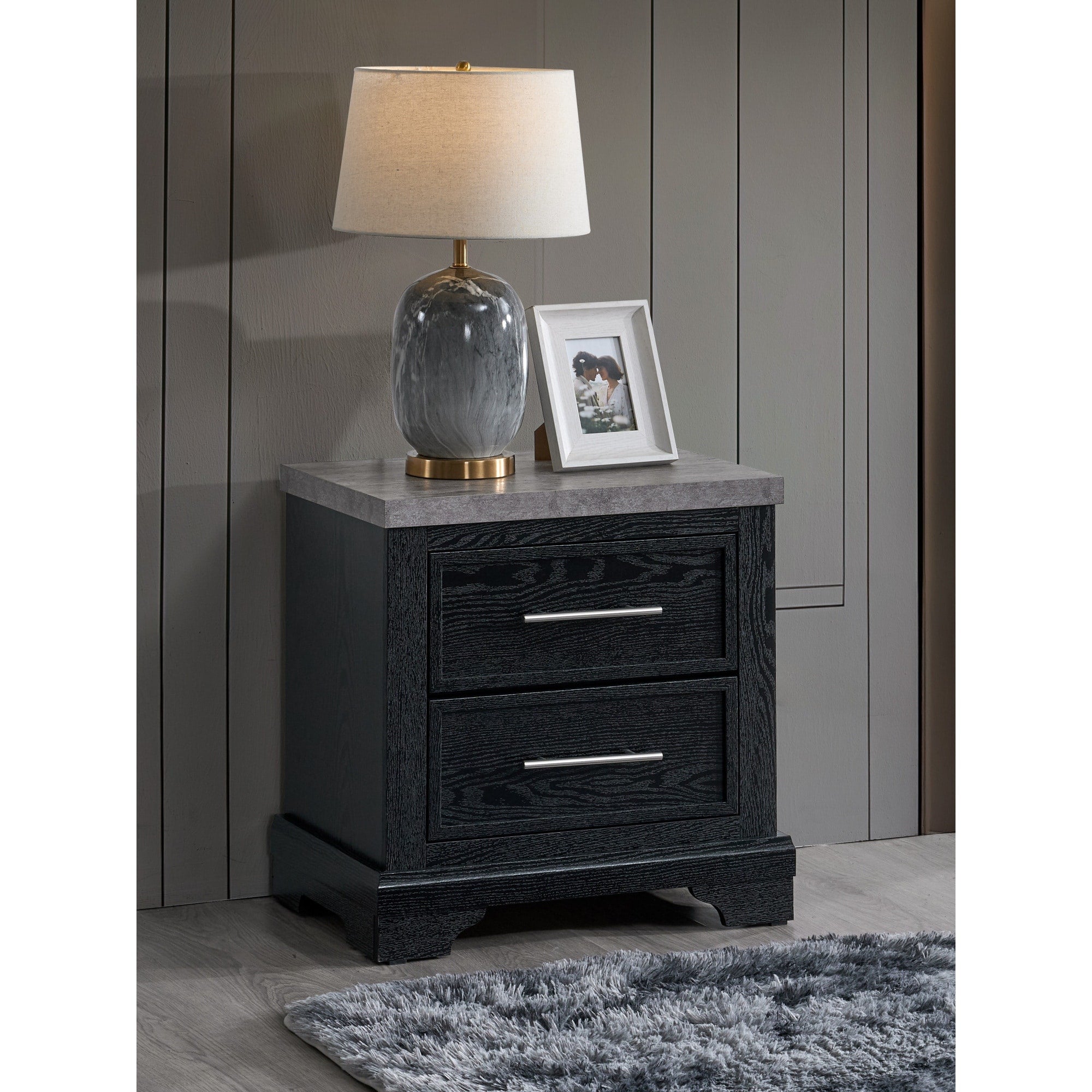 Roomfitters Grande 2 Drawer Nightstand Black Wood Grain Faux Granite Top Fully Assembled Modern End Table