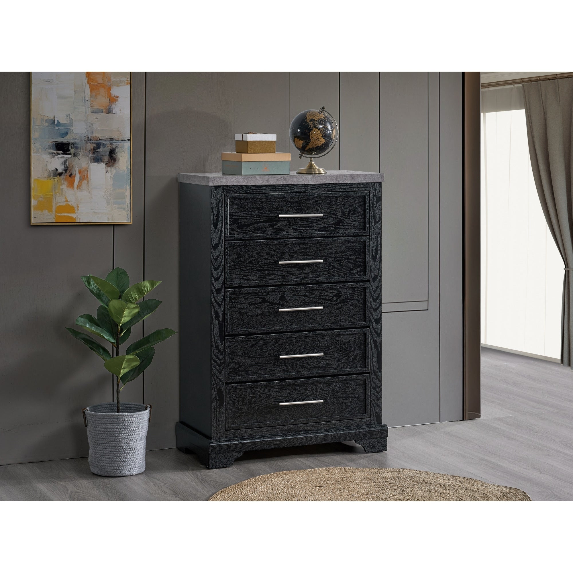 Roomfitters Grande 5 Drawer Chest Black Wood Grain Faux Granite Top Modern Vertical Dresser Brushed Chrome Handles