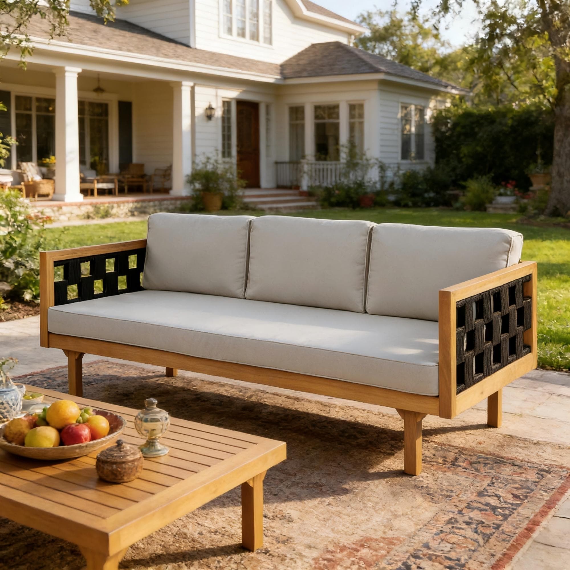 Roomfitters Grey Acacia Wood Three Seater Outdoor Daybed Black Flat Rope Uv Resistant Cushions Patio Lounge Sofa