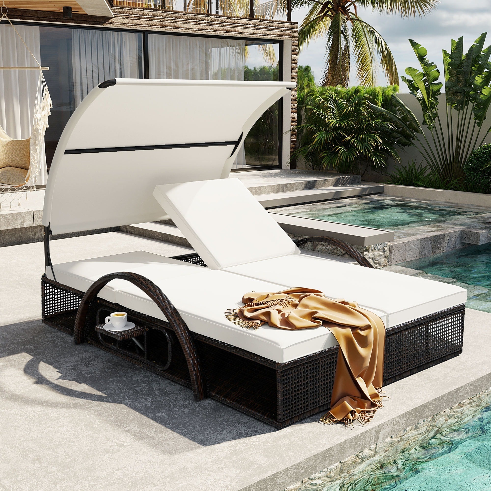 Roomfitters Hdpe Wicker Outdoor Double Sunbed Steel Frame Patio Chaise Hidden Side Tables Canopy Shade