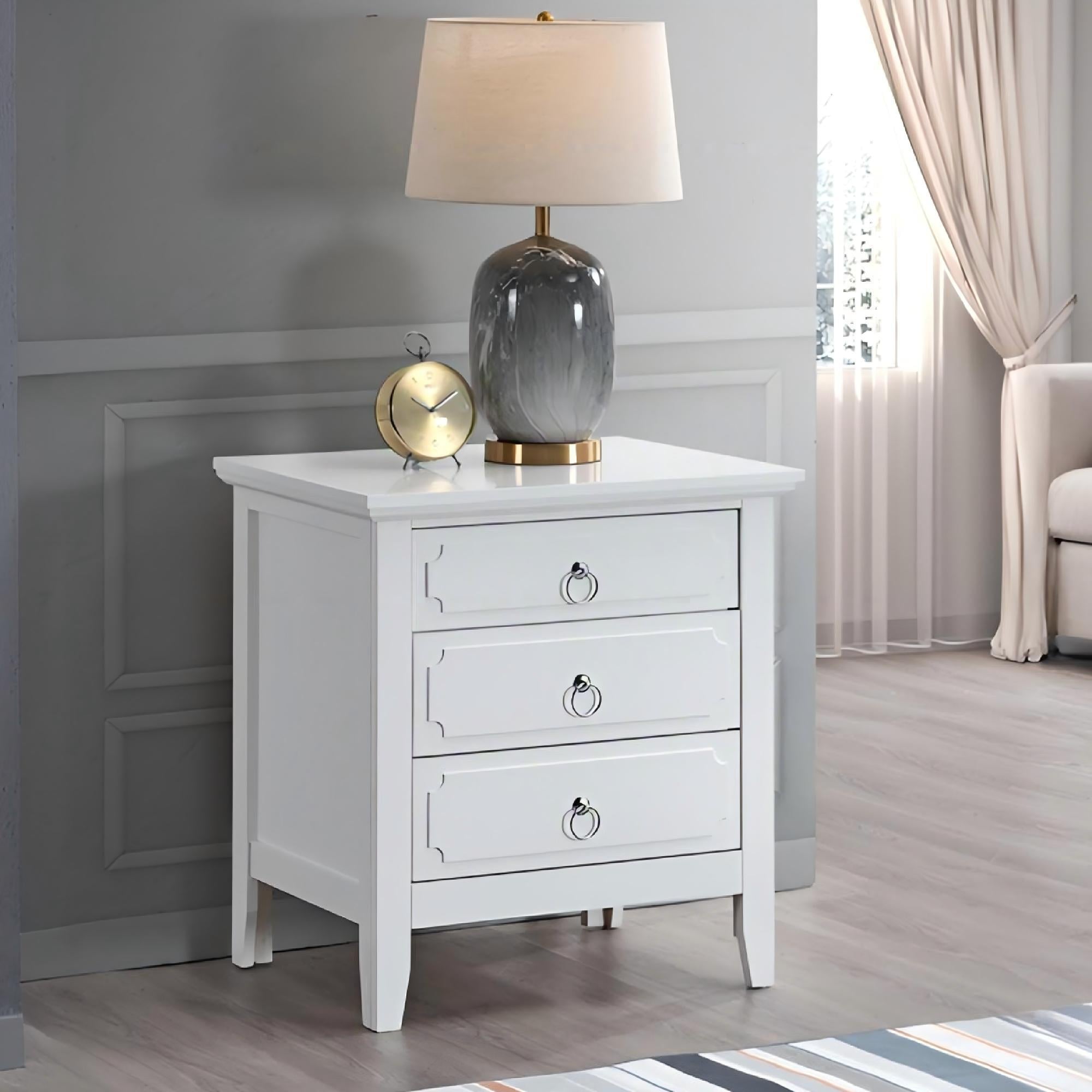 Roomfitters Hammond 3 Drawer Nightstand White Transitional Ring Pull Hardware Fully Assembled Modern Table