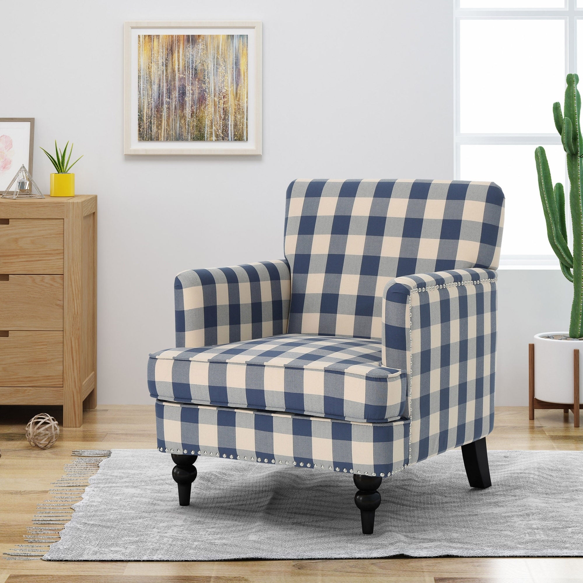 Roomfitters Harrison Blue Buffalo Check Club Chair Tufted Accent Armchair Turned Legs Modern Window Side Seating