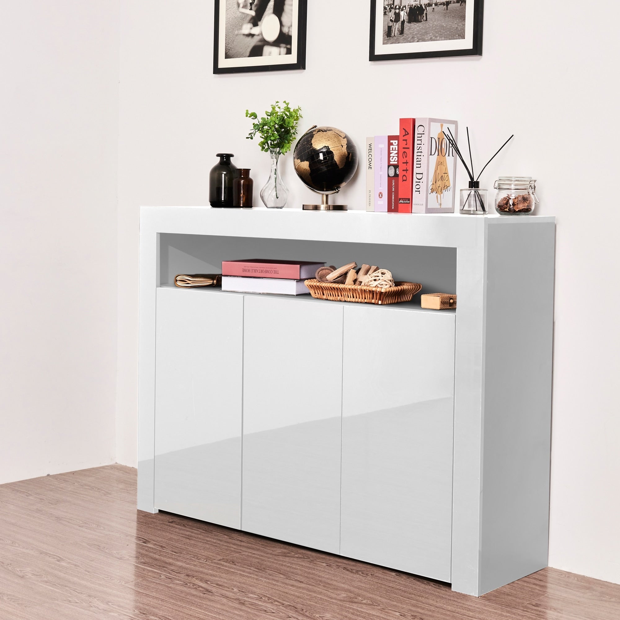 Roomfitters High Gloss Storage Cabinet With Led Lights Modern Sideboard Buffet Handleless Open Shelf Credenza White