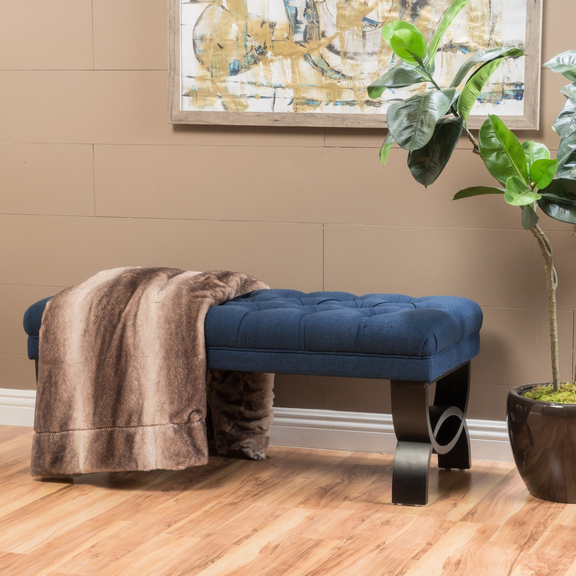 Roomfitters Hilton Navy Blue Tufted Ottoman Bench Velvet Padded Footstool Half Circle Legs Modern Entryway Seating