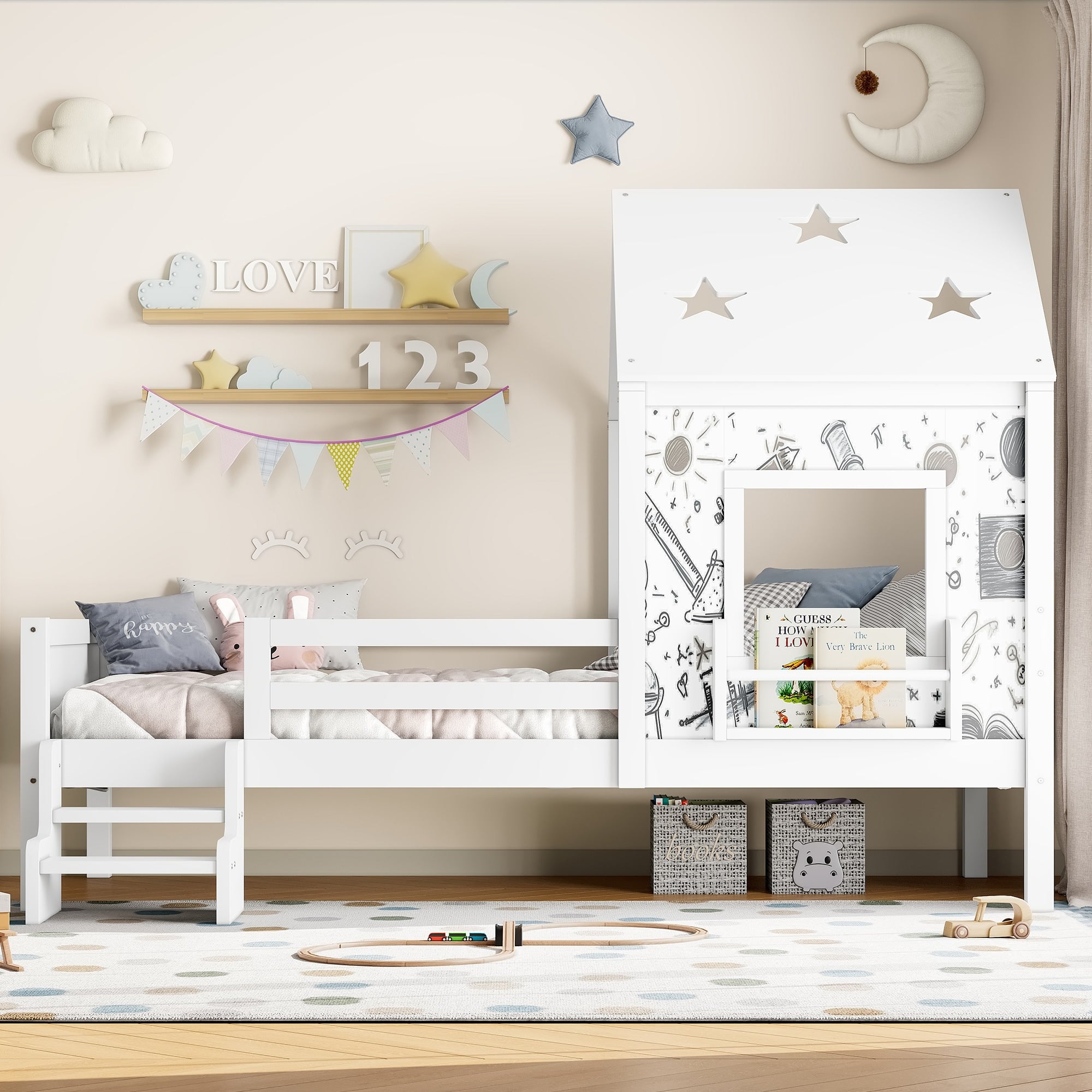 Roomfitters House Floor Bed With Bookcase And Blackboard Solid Wood Frame With Low Stairs
