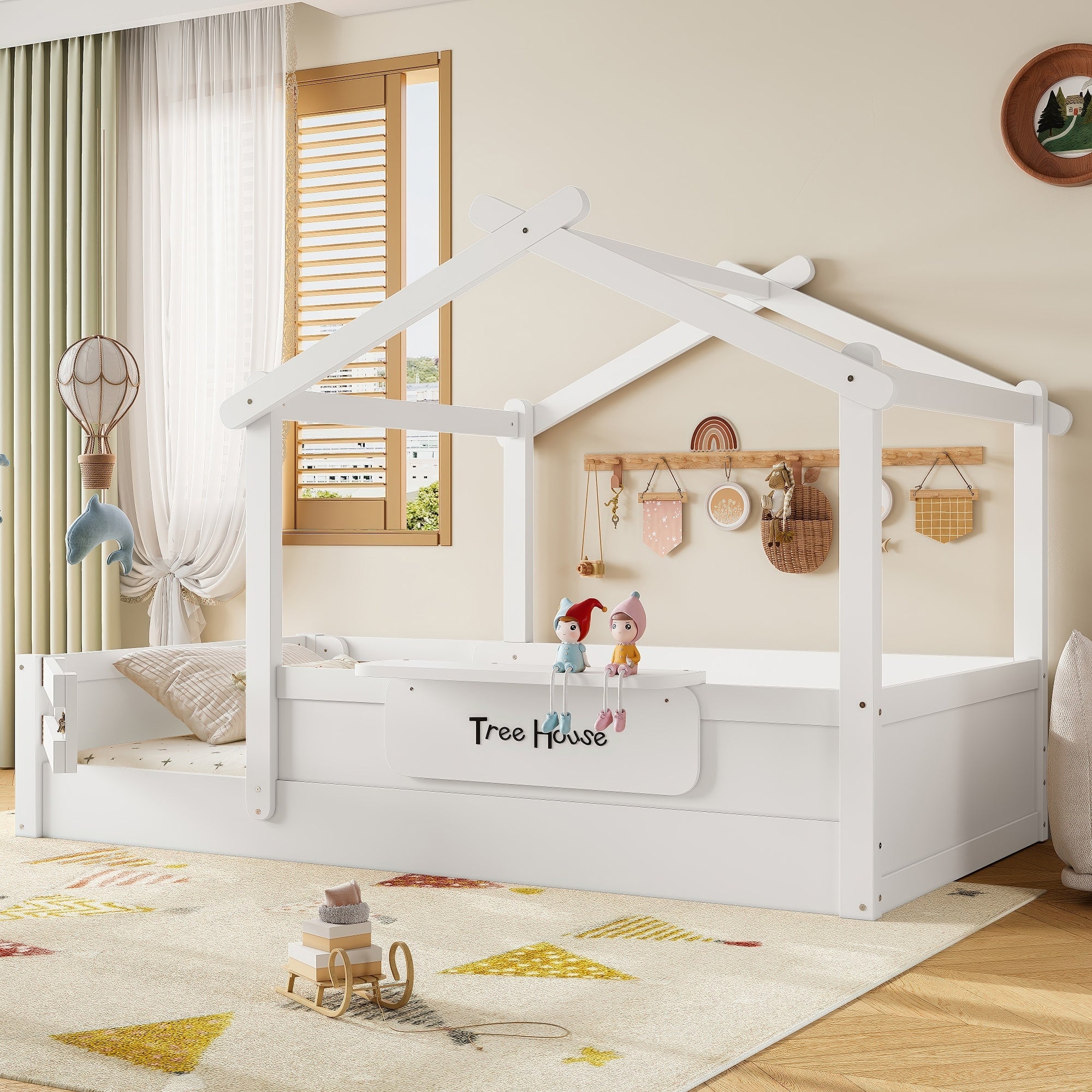 Roomfitters House Floor Bed With Guardrails And Roof Solid Wood Frame With Tray And Signboard