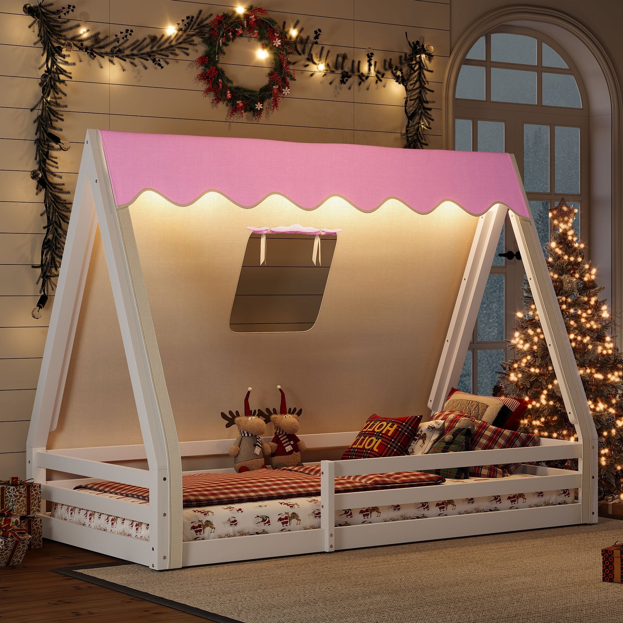 Roomfitters House Floor Bed With Tent And Lights Solid Wood Teepee Frame With Guardrails