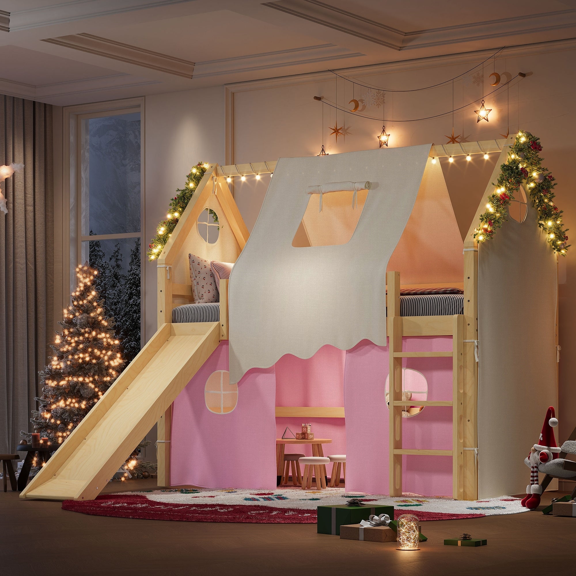 Roomfitters House Loft Bed With Slide And Tent Solid Wood Frame With Lights