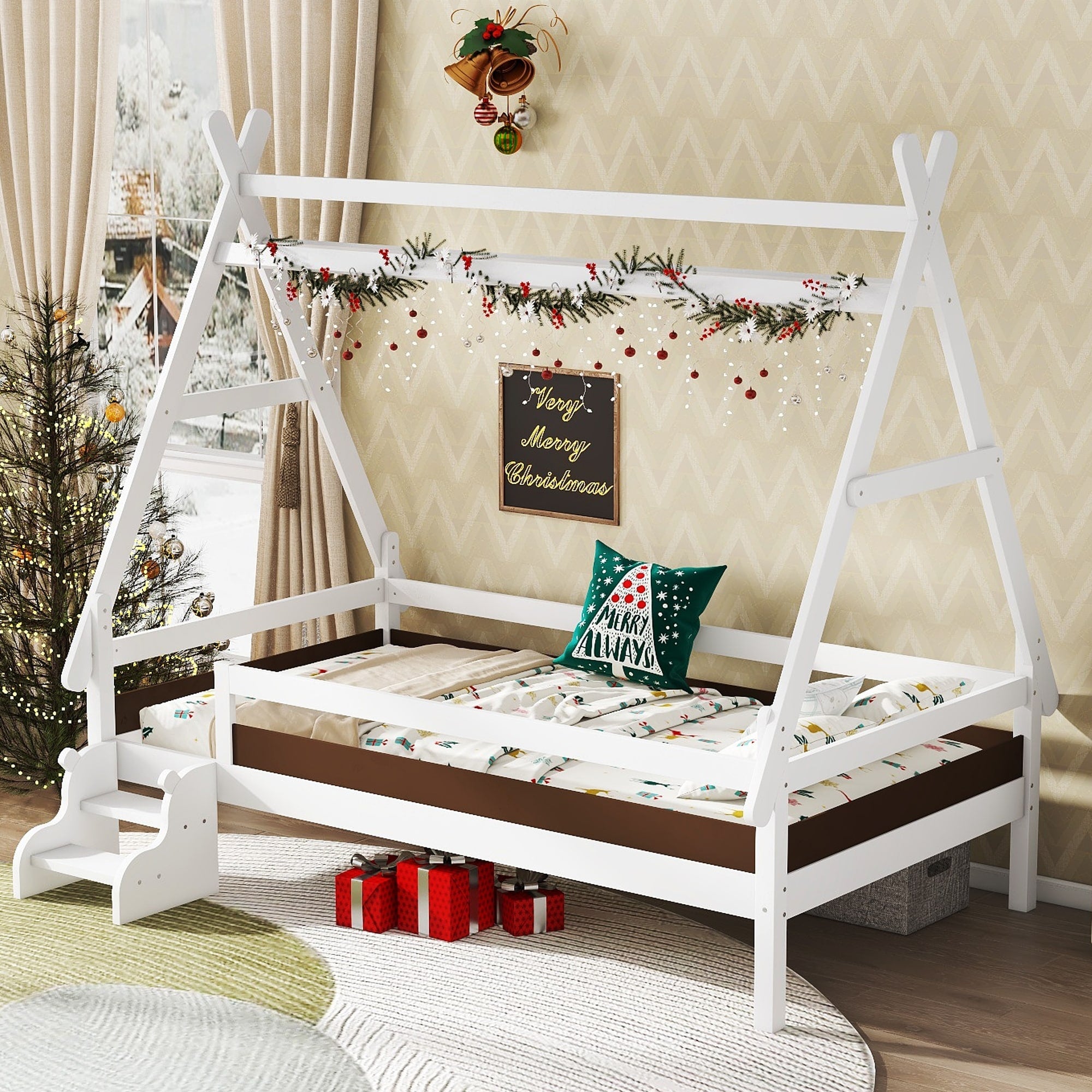Roomfitters House Platform Bed With Stairs Solid Wood Low Profile Frame With Roof Design For Playroom