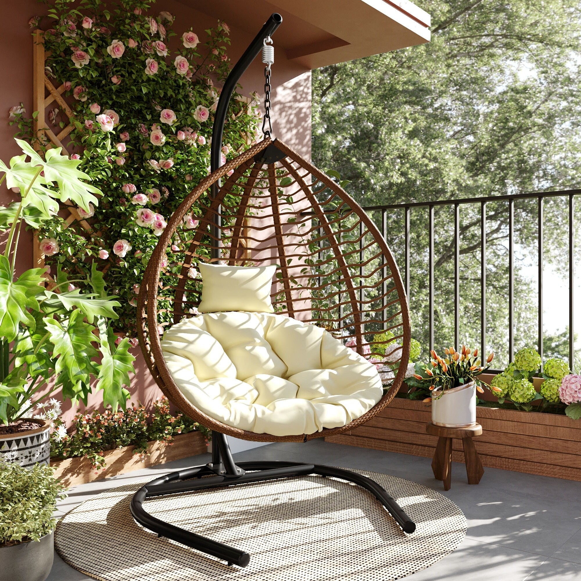 Roomfitters Indoor Outdoor Hanging Egg Hammock Chair With Stand Wicker Rattan Swing For Patio And Bedroom