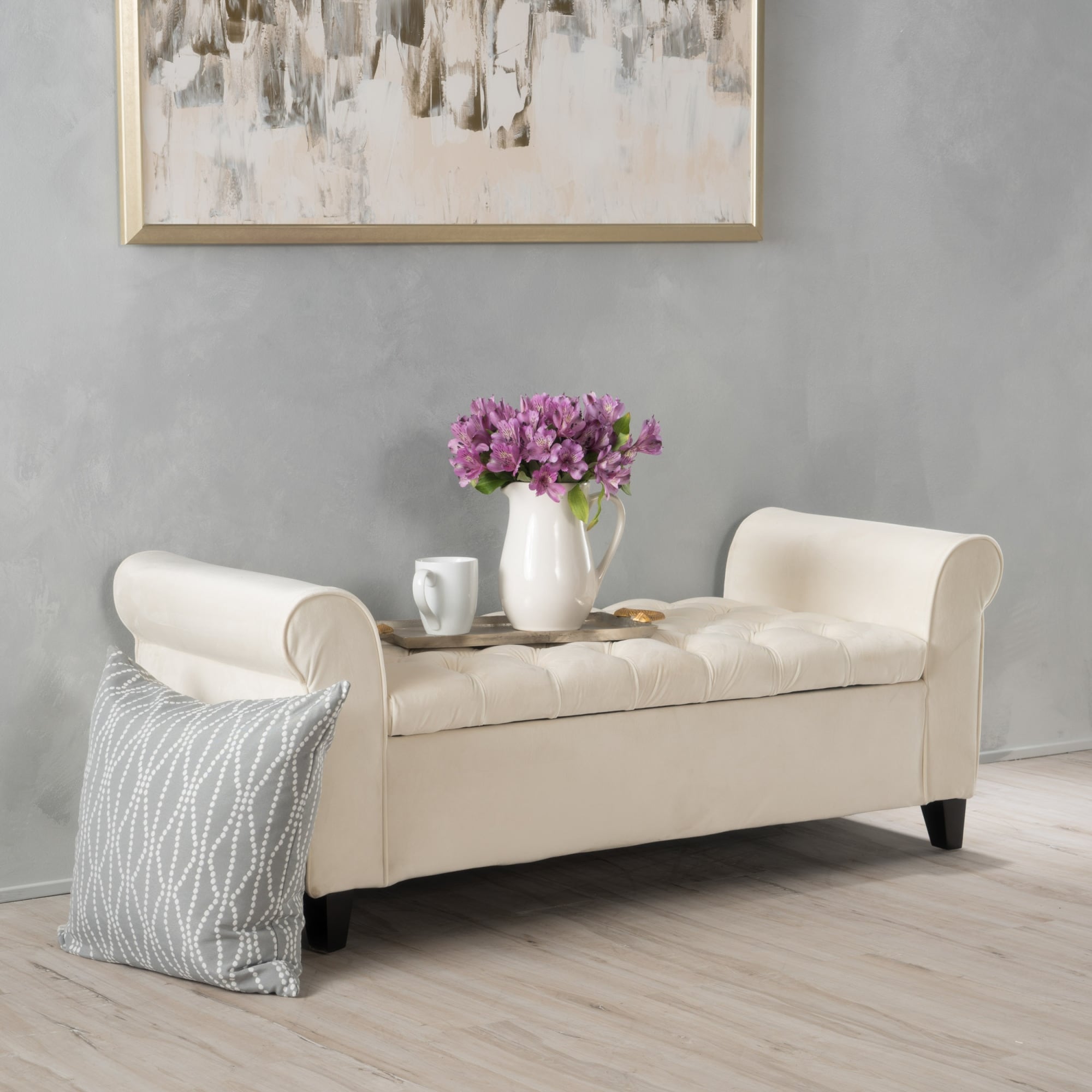 Roomfitters Ivory Fabric Storage Bench With Scroll Rolled Arms Button Detailed Bedroom Entryway Ottoman Settee Padded Ivory