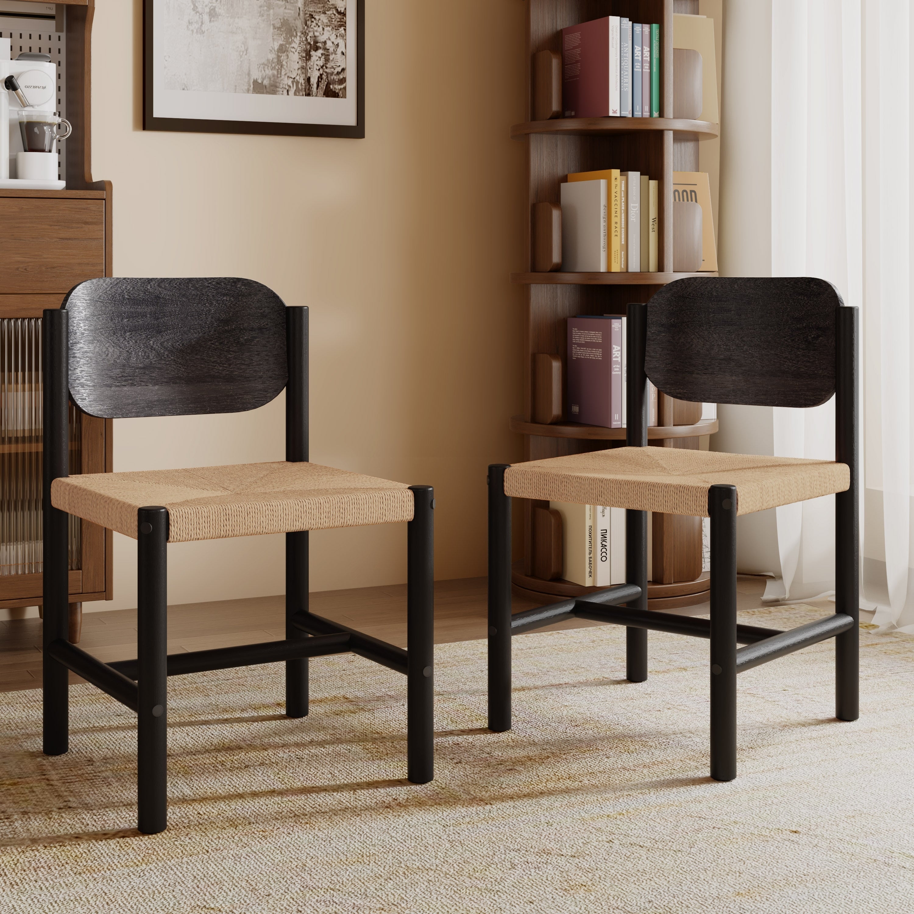 Roomfitters Japandi Dining Chairs With Woven Paper Cord Seat Wood Backrest Kitchen Side Chair Set Of 2 Beige And Black