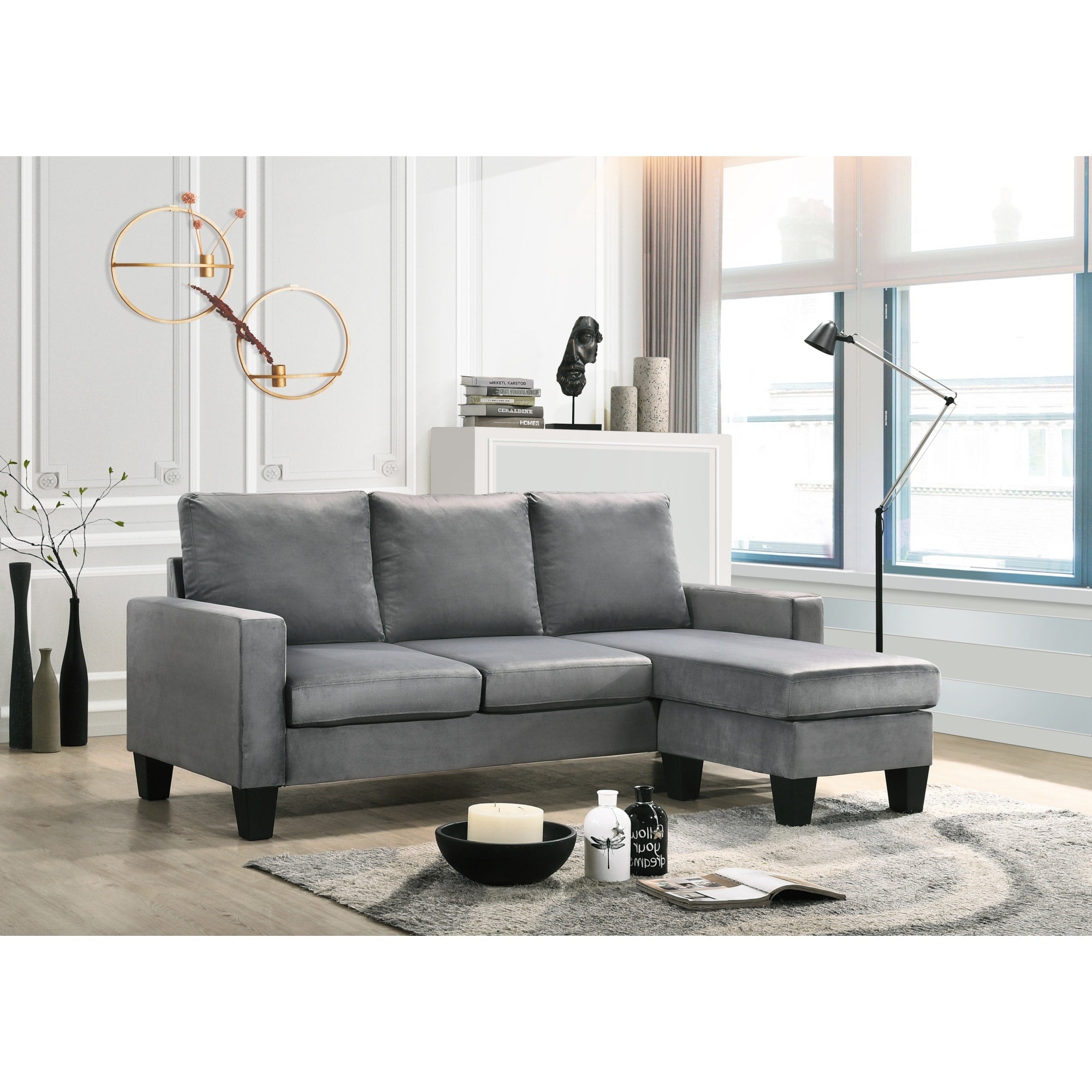 Roomfitters Jessica Velvet Reversible Sectional Padded Sofa Chaise Modern Apartment Scale Seating