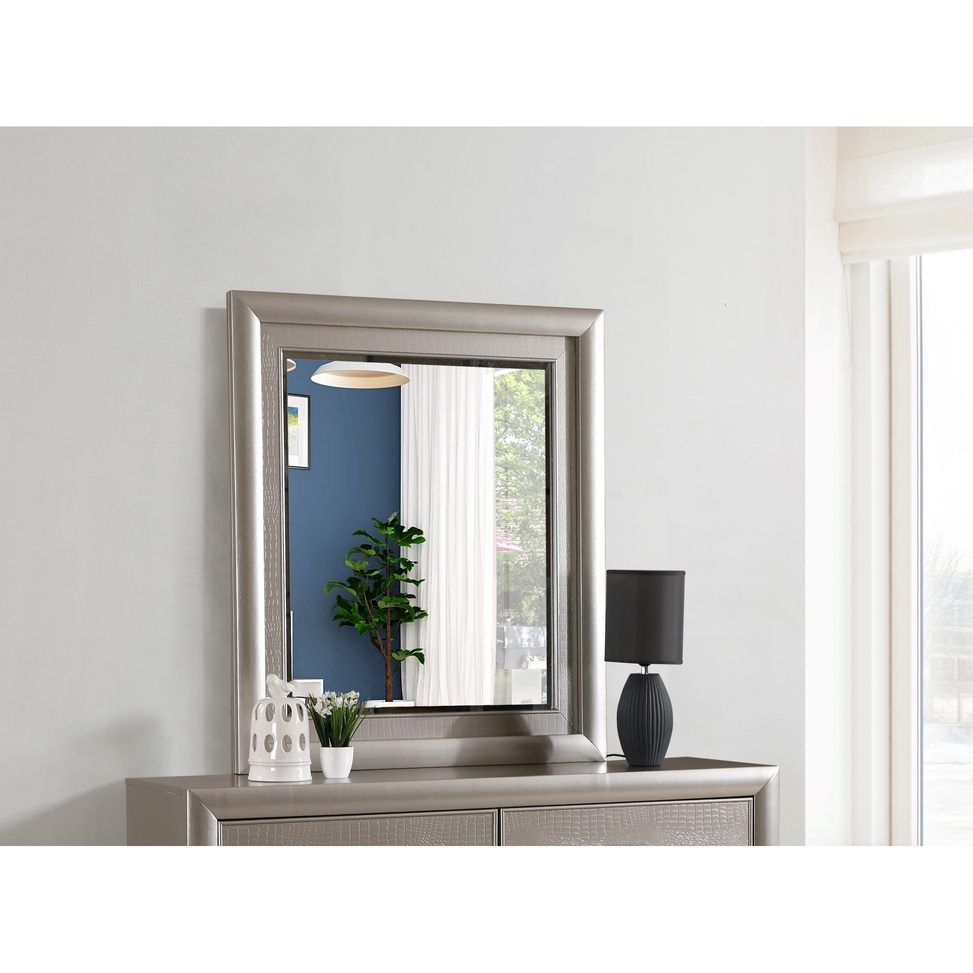 Roomfitters Kat Silver Champagne Modern Dresser Mirror Architectural Wood Frame Contemporary High Clarity Vanity Mirror