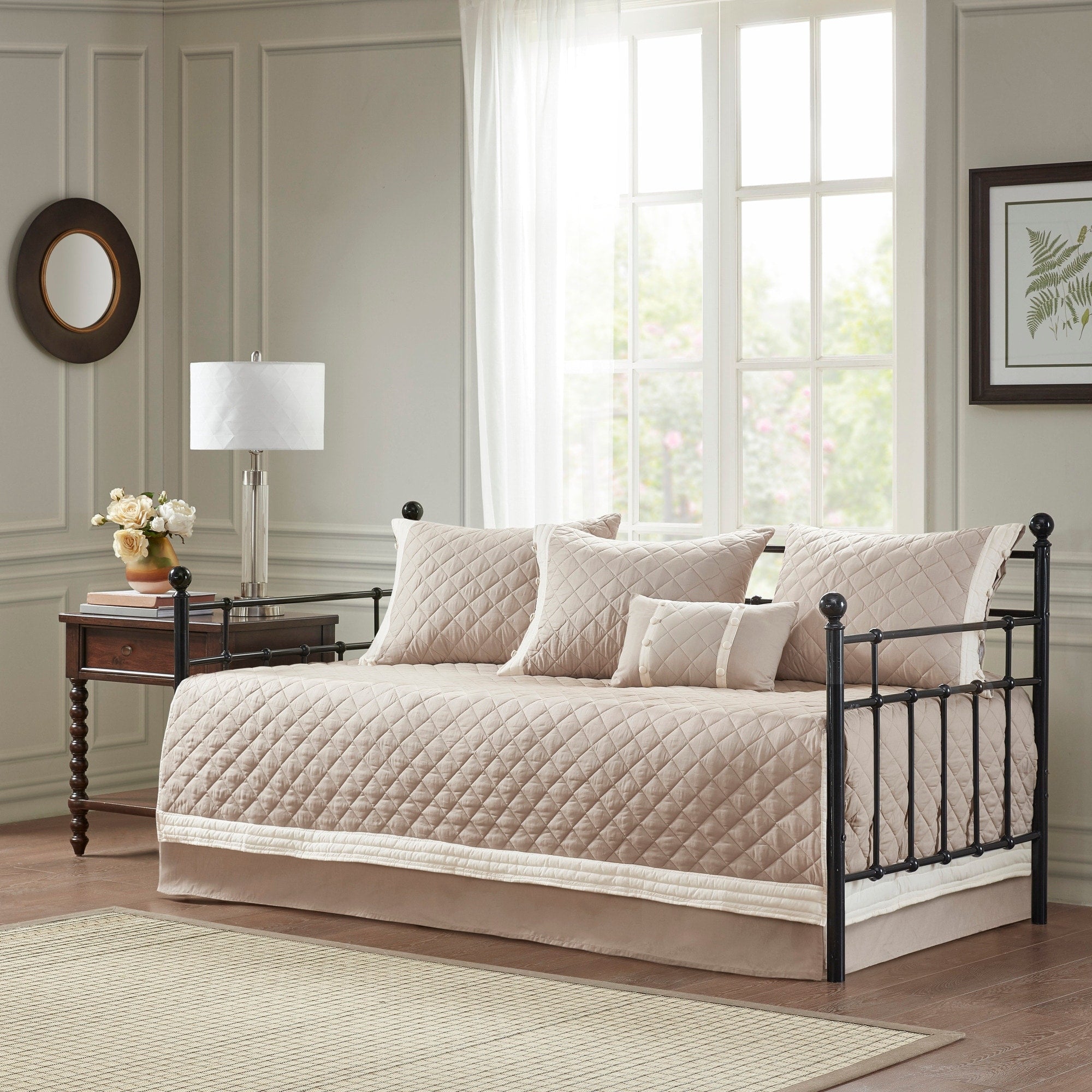 Roomfitters Khaki Daybed 6 Piece Cotton Quilt Set Diamond Quilted Bedding Soft 100 Cotton Face All Season Complete Set