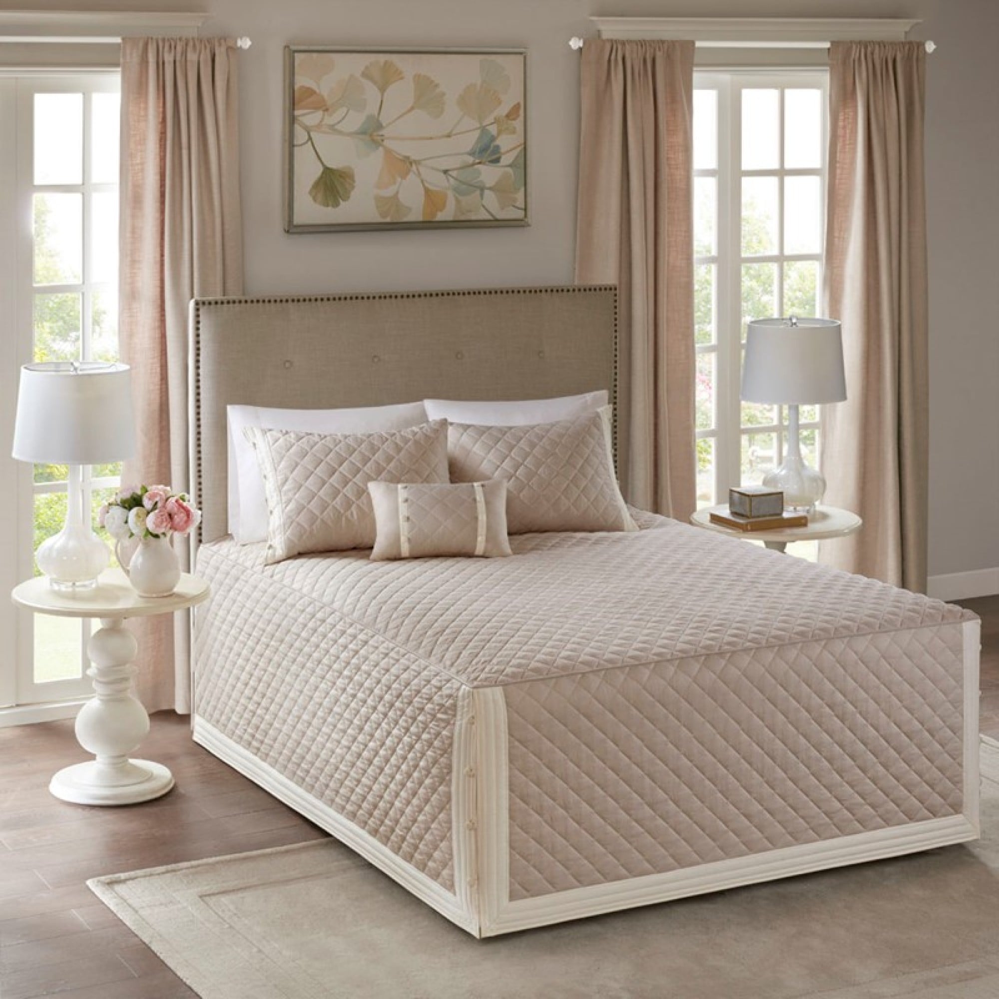 Roomfitters King 4 Piece Cotton Reversible Tailored Bedspread Set Elegant Diamond Quilted Bedding With Button Decor Khaki