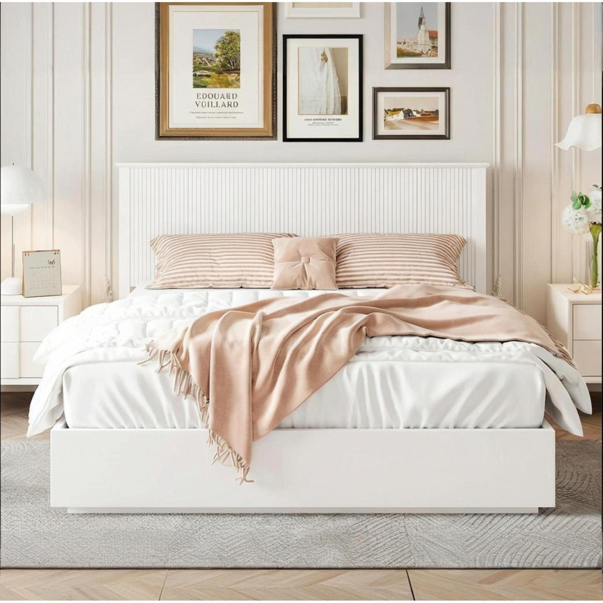 Roomfitters King Platform Bed Frame With Fluted Headboard Modern Minimalist Mattress Foundation No Box Spring Needed White