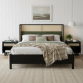 Roomfitters King Size Rattan Cane Upholstered Platform Bed Frame Mid Century Modern Boho Mattress Foundation Black Green
