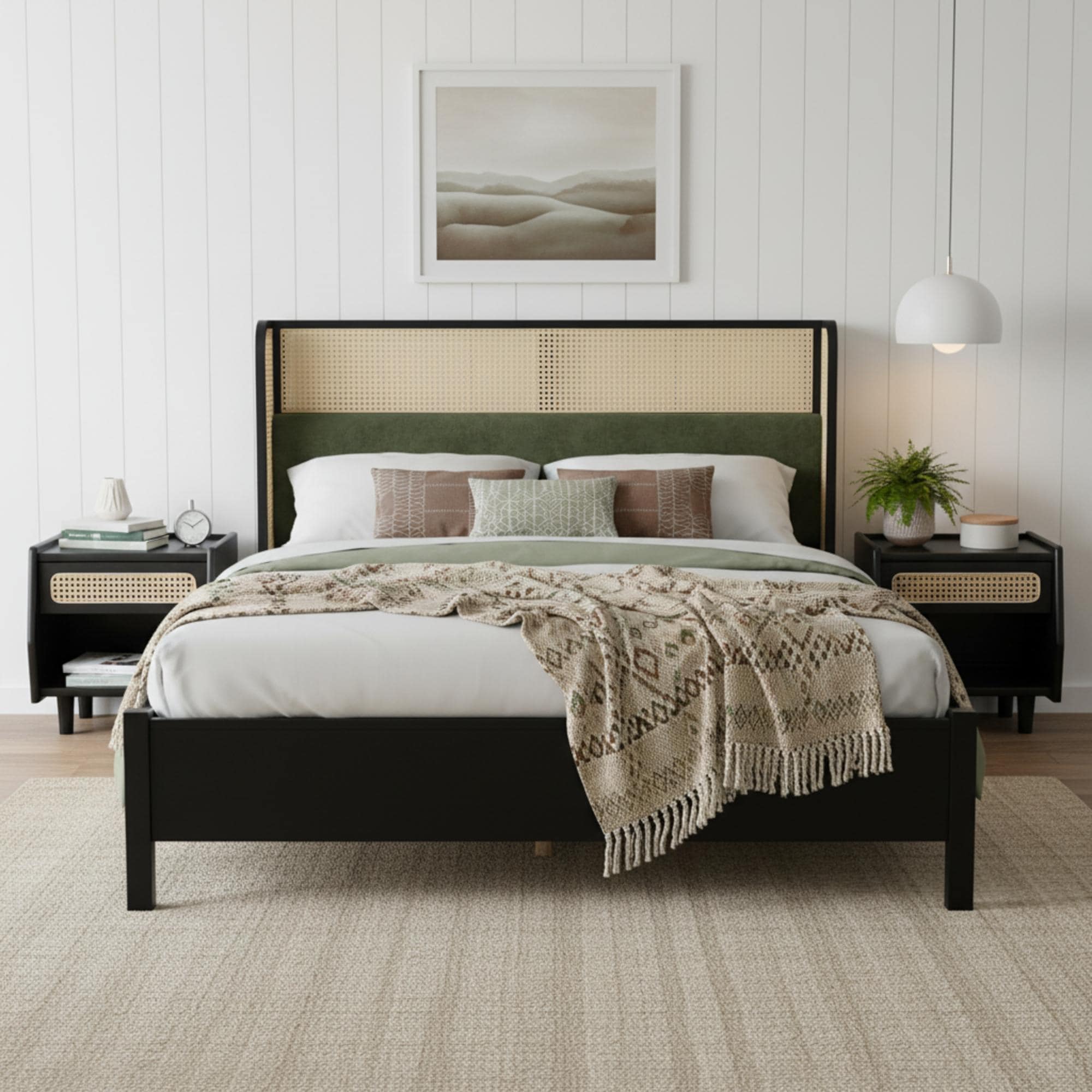 Roomfitters King Size Rattan Cane Upholstered Platform Bed Frame Mid Century Modern Boho Mattress Foundation Black Green