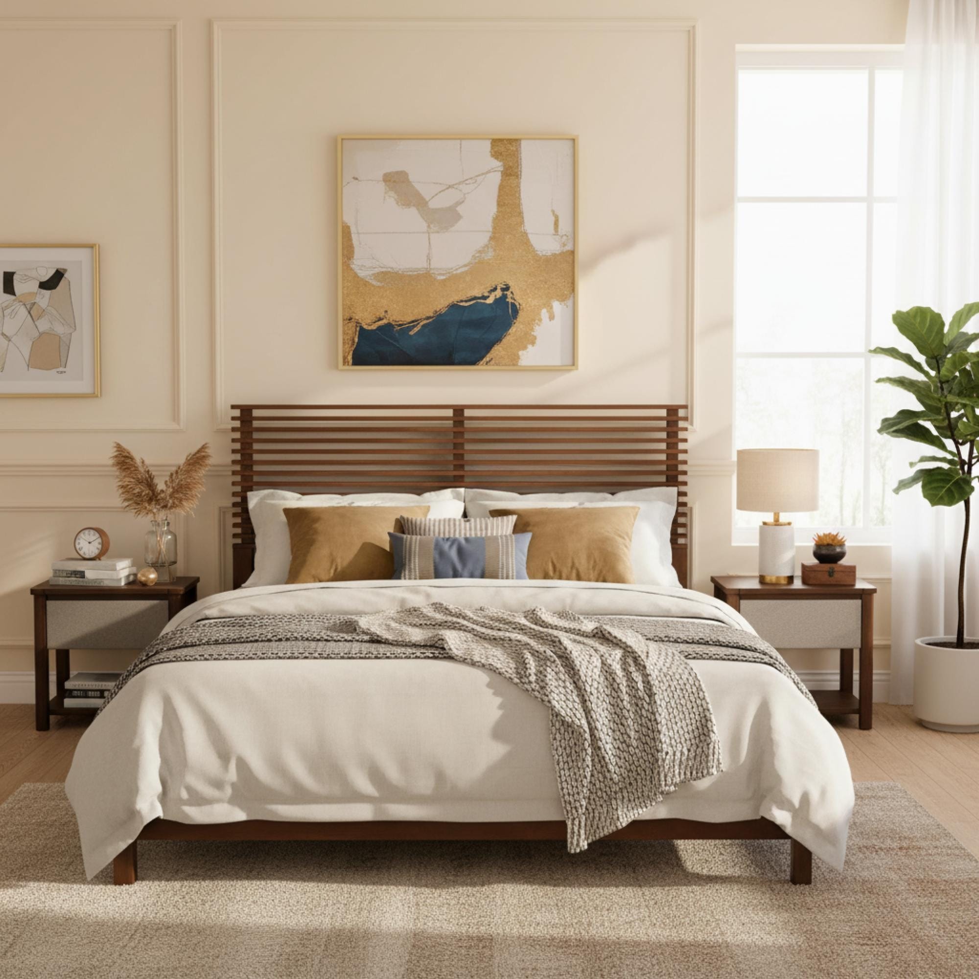 Roomfitters King Size Solid Wood Platform Bed Frame Slatted Headboard Mid Century Modern Japandi Mattress Foundation Walnut