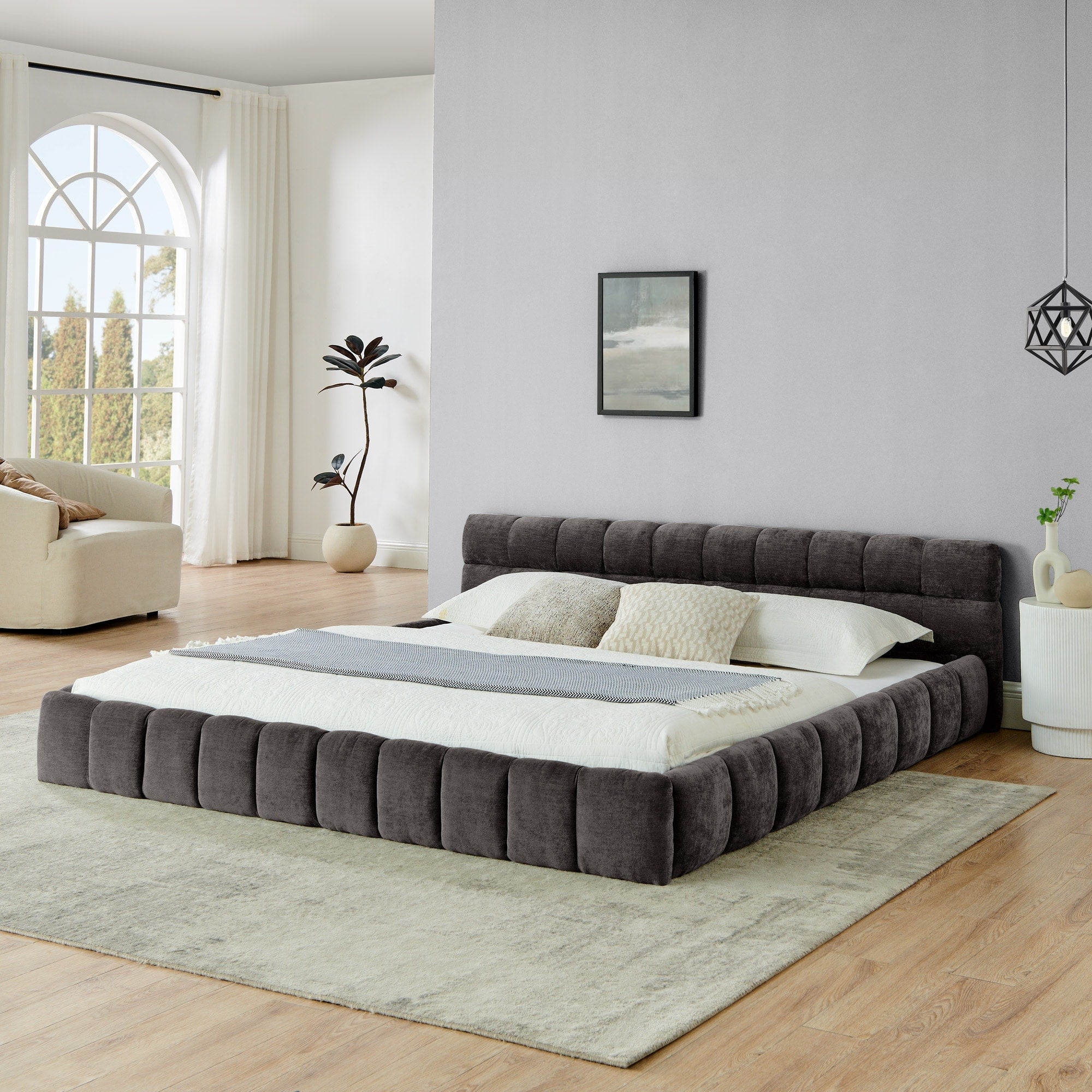 Roomfitters King Size Upholstered Bed Frame Modern Low Profile Channel Tufted Elegant Luxury Platform Bed Base