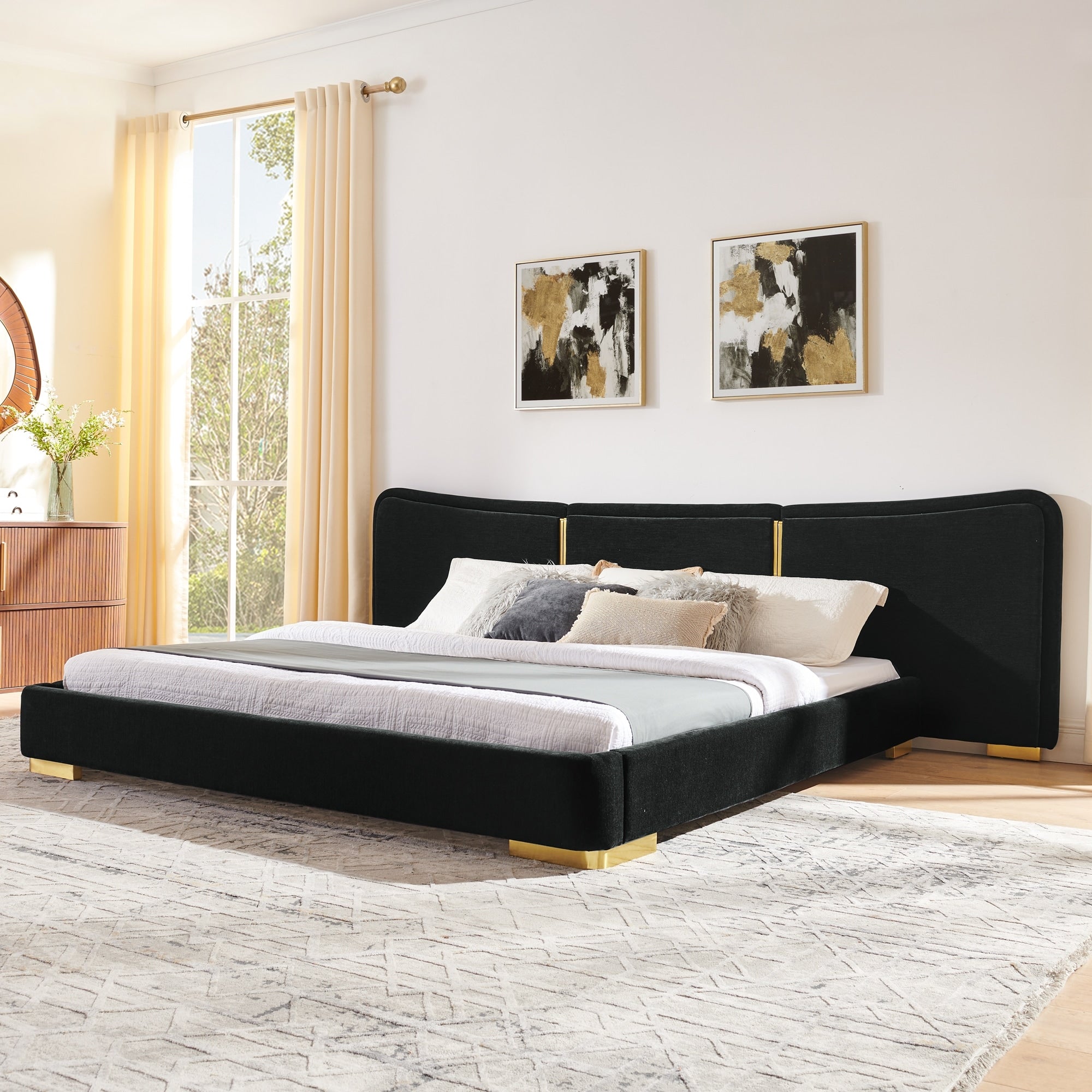 Roomfitters King Size Upholstered Bed Frame With Extended Curved Headboard Gold Metal Legs Modern Platform Bed Base