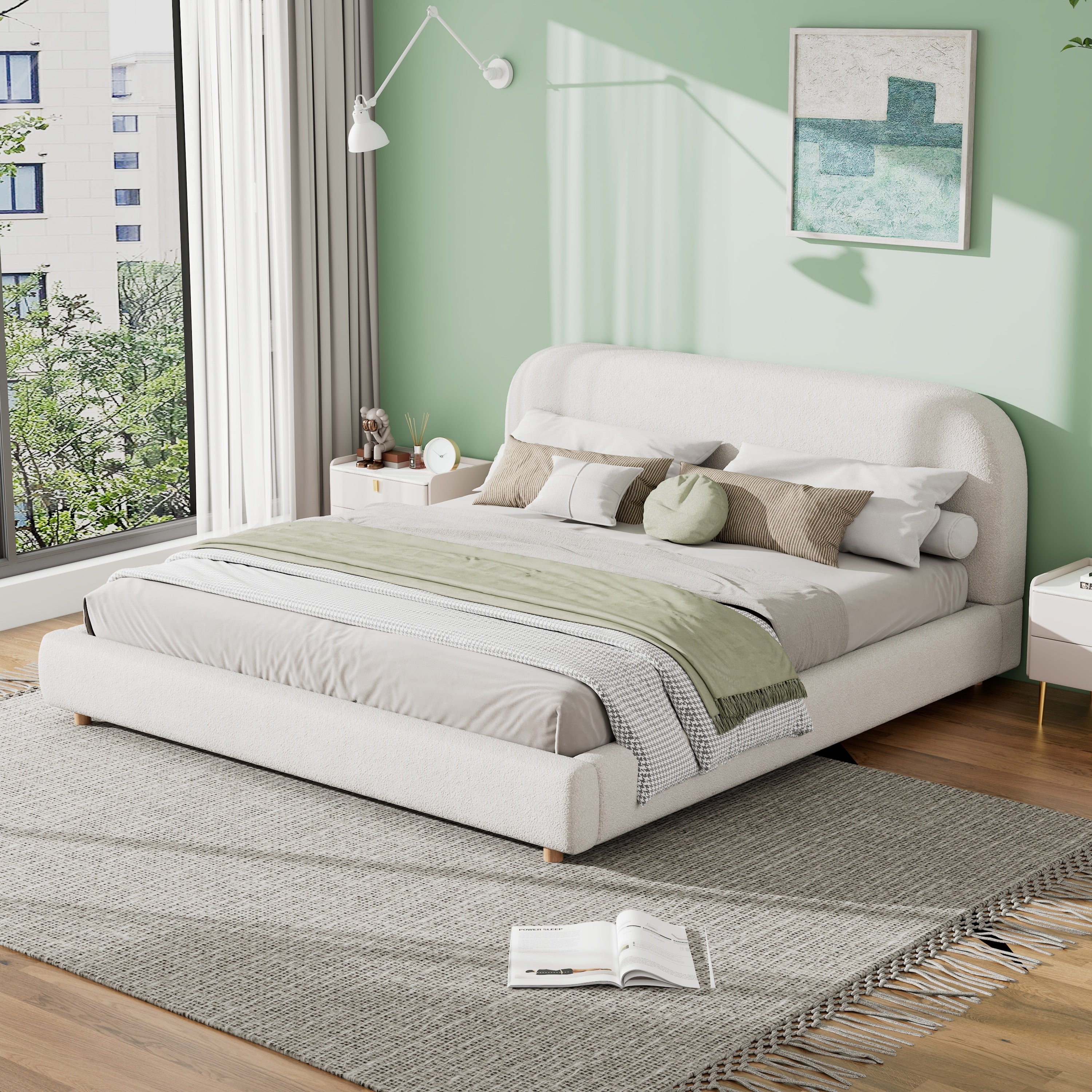 Roomfitters King Size Upholstered Platform Bed Frame With Curved Headboard Modern Boucle Fabric Bed Metal Slats White