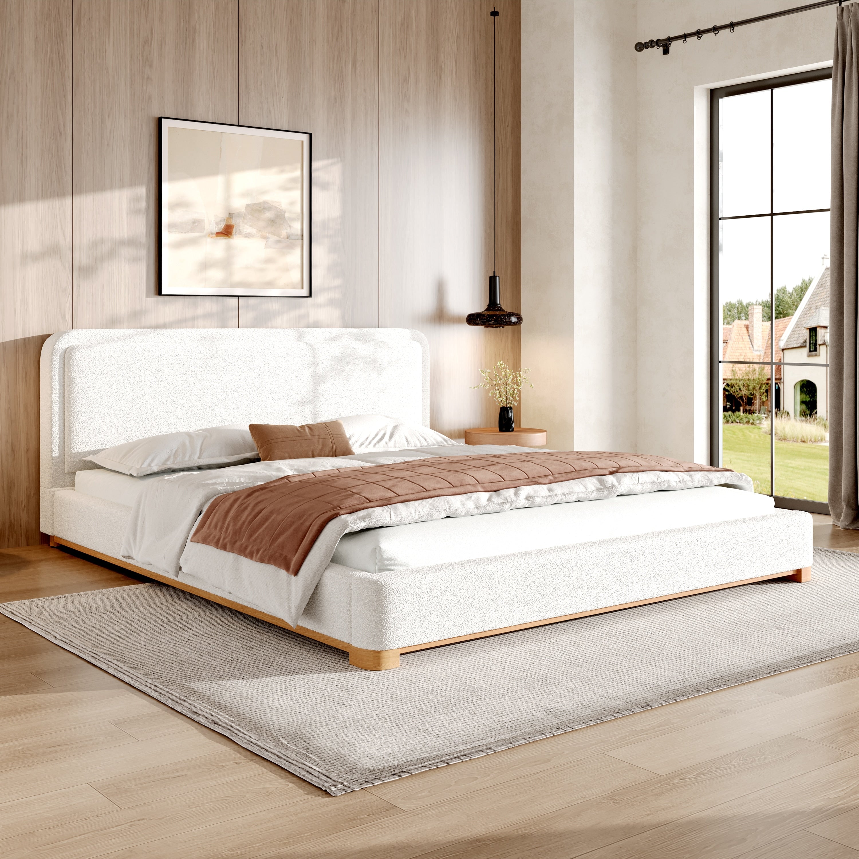Roomfitters King Size Upholstered Platform Bed Frame With Curved Headboard Modern Boucle Fabric Bed Metal White