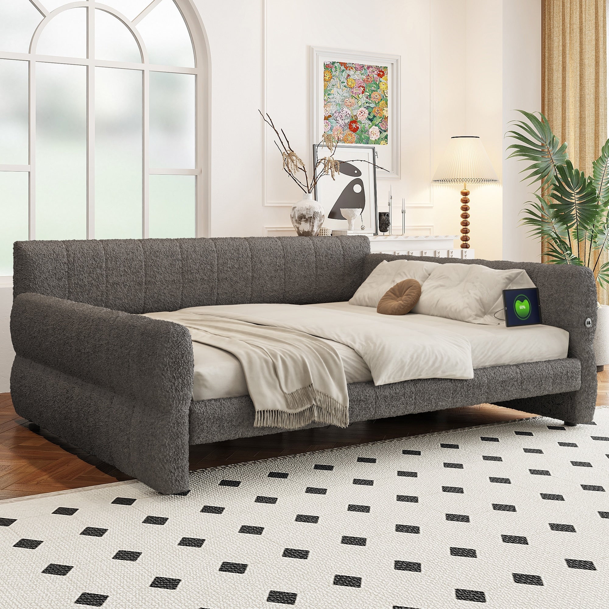 Roomfitters King Size Upholstered Platform Bed Frame With Usb Charging Ports Channel Tufted Daybed With Trundle