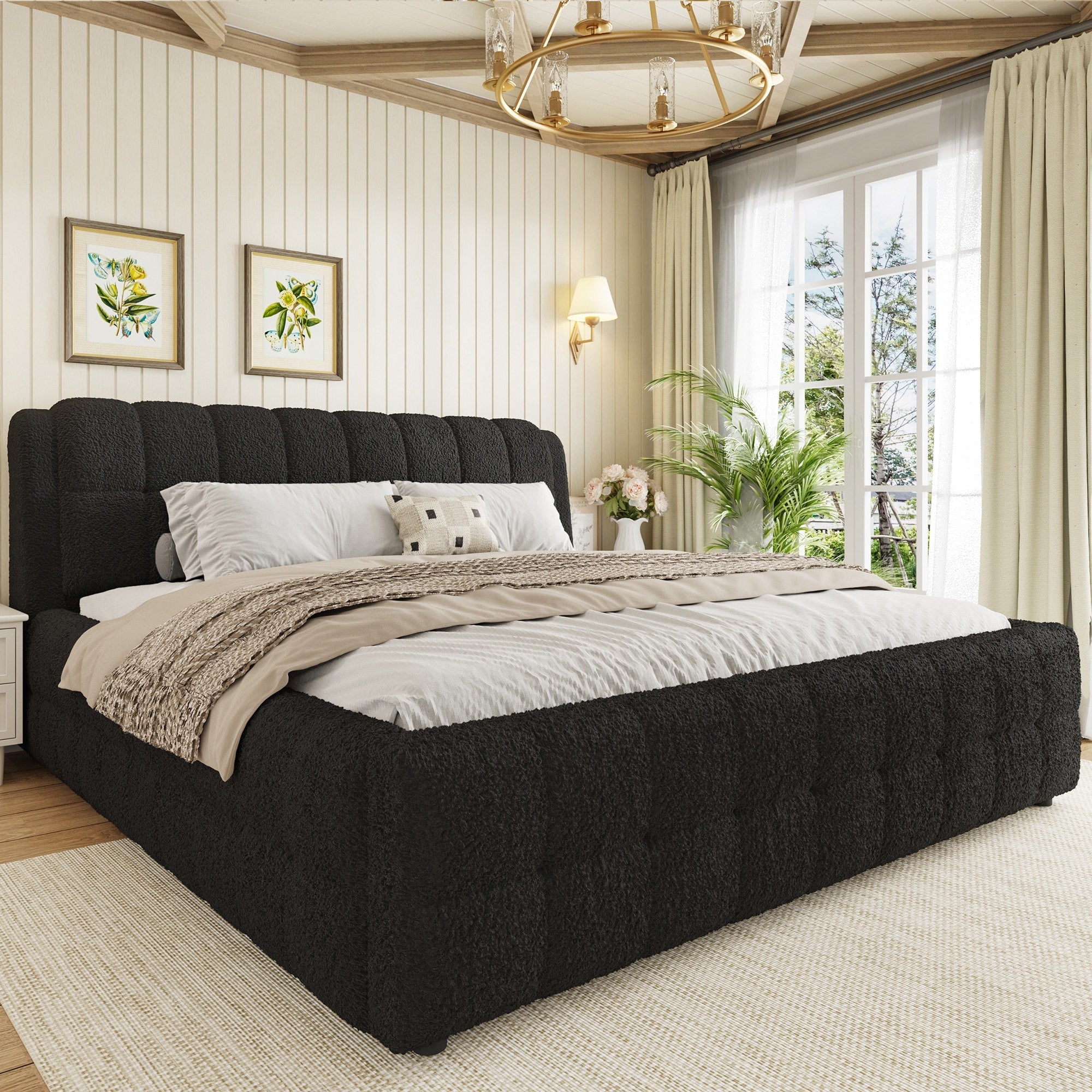 Roomfitters King Size Upholstered Platform Bed Frame Vertical Channel Tufted Backrest Bubble Design For Bedroom