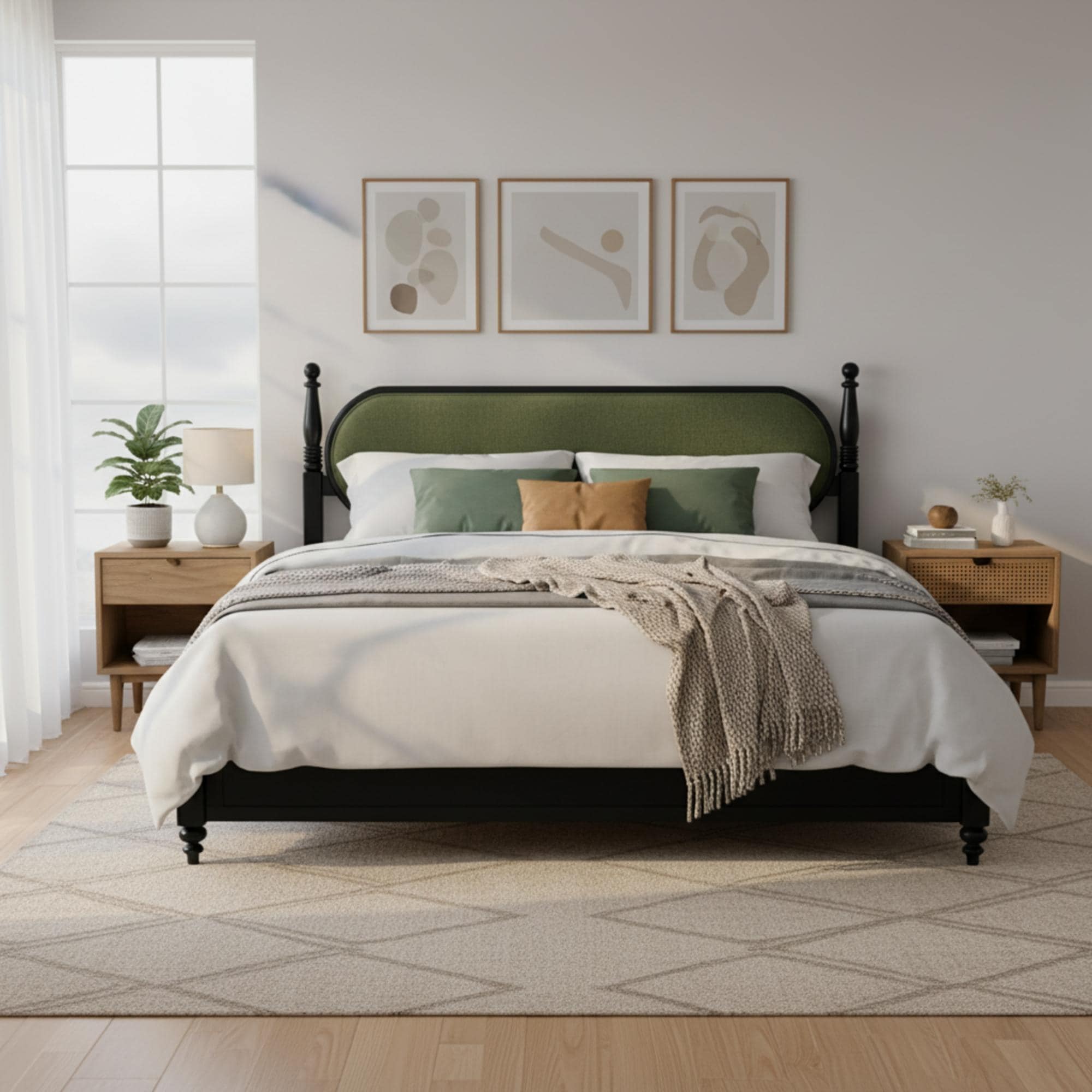 Roomfitters King Spindle Platform Bed Frame Rounded Upholstered Headboard Vintage Style Mattress Foundation Black Green