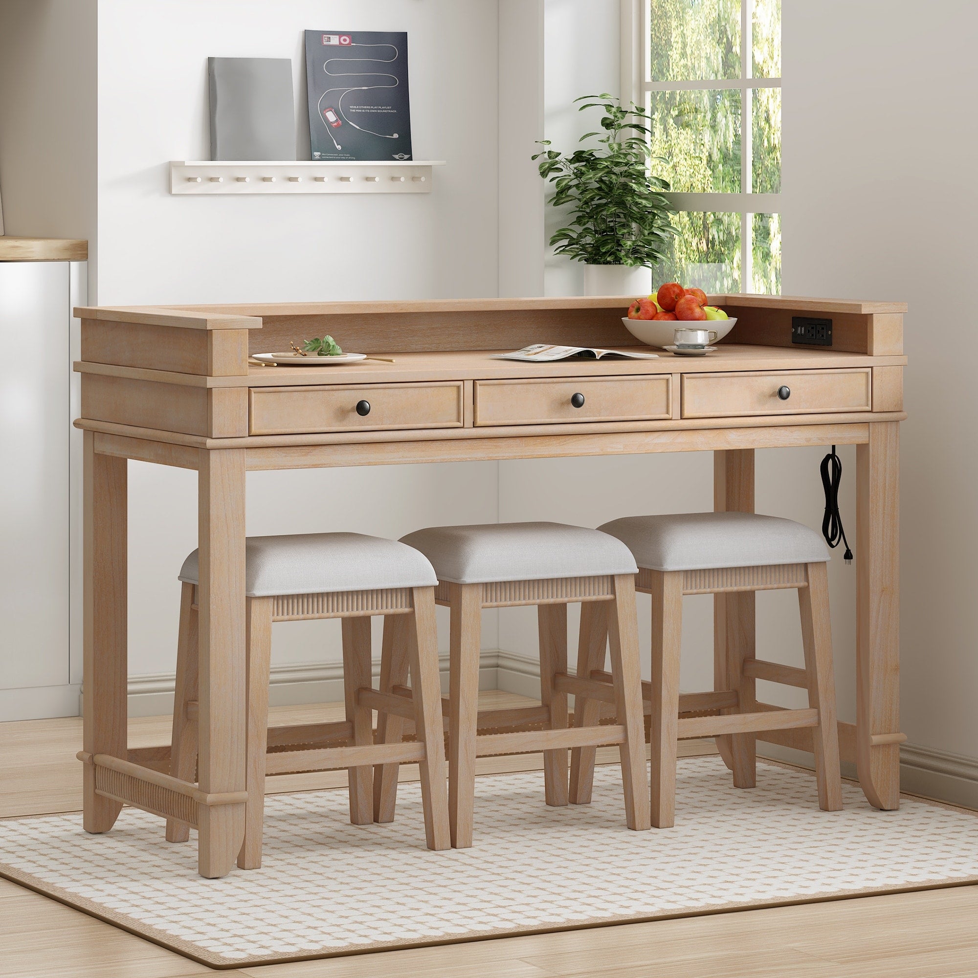 Roomfitters Kitchen Counter Height Bar Table Set 3 Drawers Pub Dining Furniture With Power Ports
