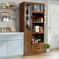 Roomfitters Kitchen Hutch Cabinet With Pull Out Tray Wooden Glass Door Storage Pantry Sideboard Microwave Server Walnut