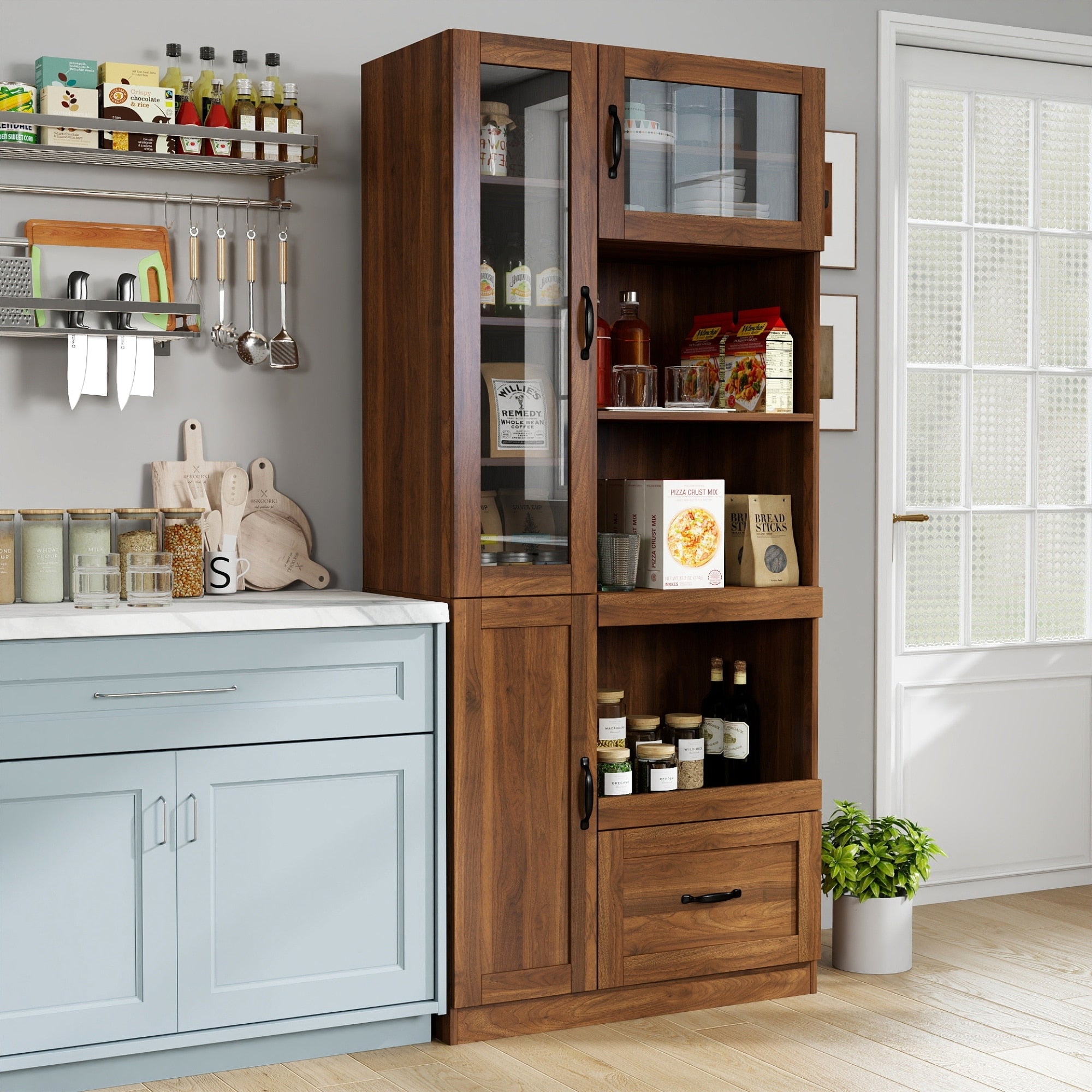 Roomfitters Kitchen Hutch Cabinet With Pull Out Tray Wooden Glass Door Storage Pantry Sideboard Microwave Server Walnut