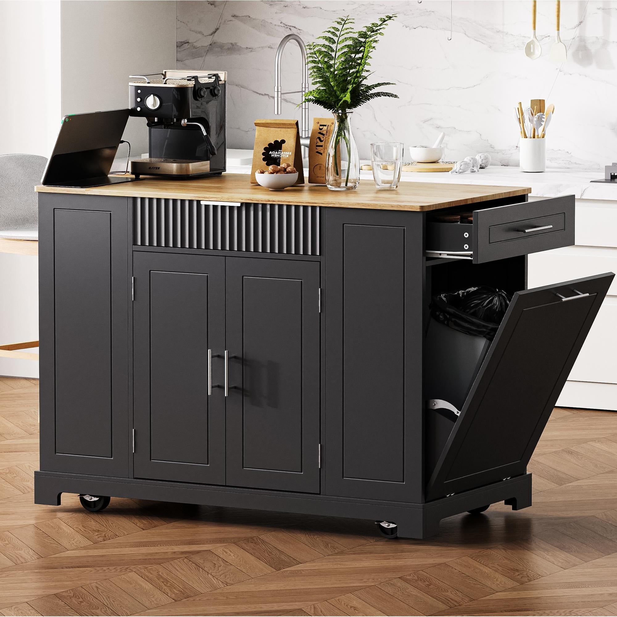 Roomfitters Kitchen Island With Tilt Out Trash Can And Power Outlet Fluted Storage Cabinet On Wheels